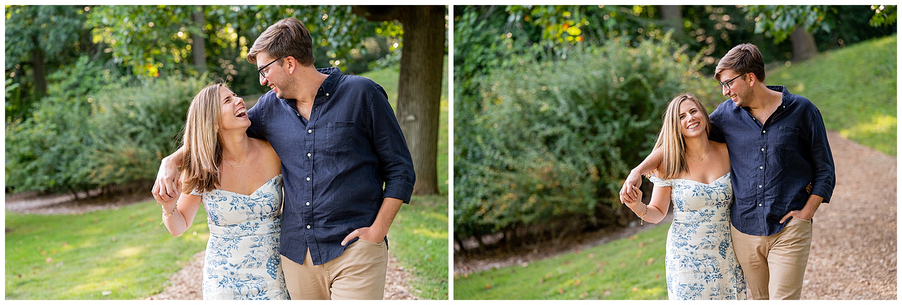 man and woman laughing and holding hands as they walk around the Arnold Arboretum during their Engagement Session