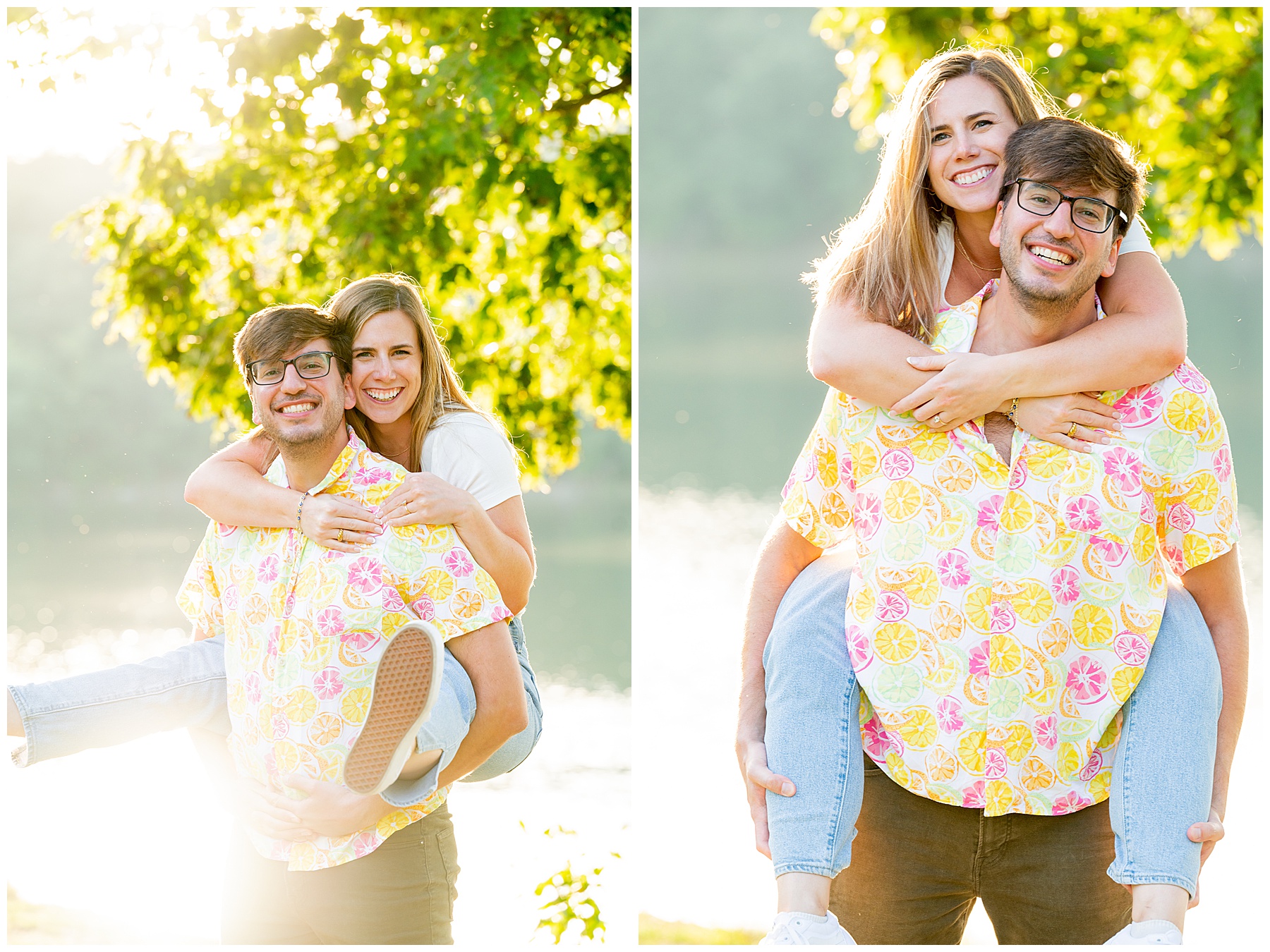 man wearing yellow and pink patterned shirt carries his fiance who is wearing a white tshirt and jeans in a piggy bank