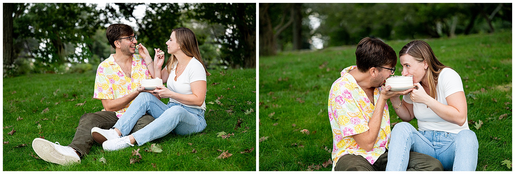 couple sitting on the grass feeding each other cake and laughing