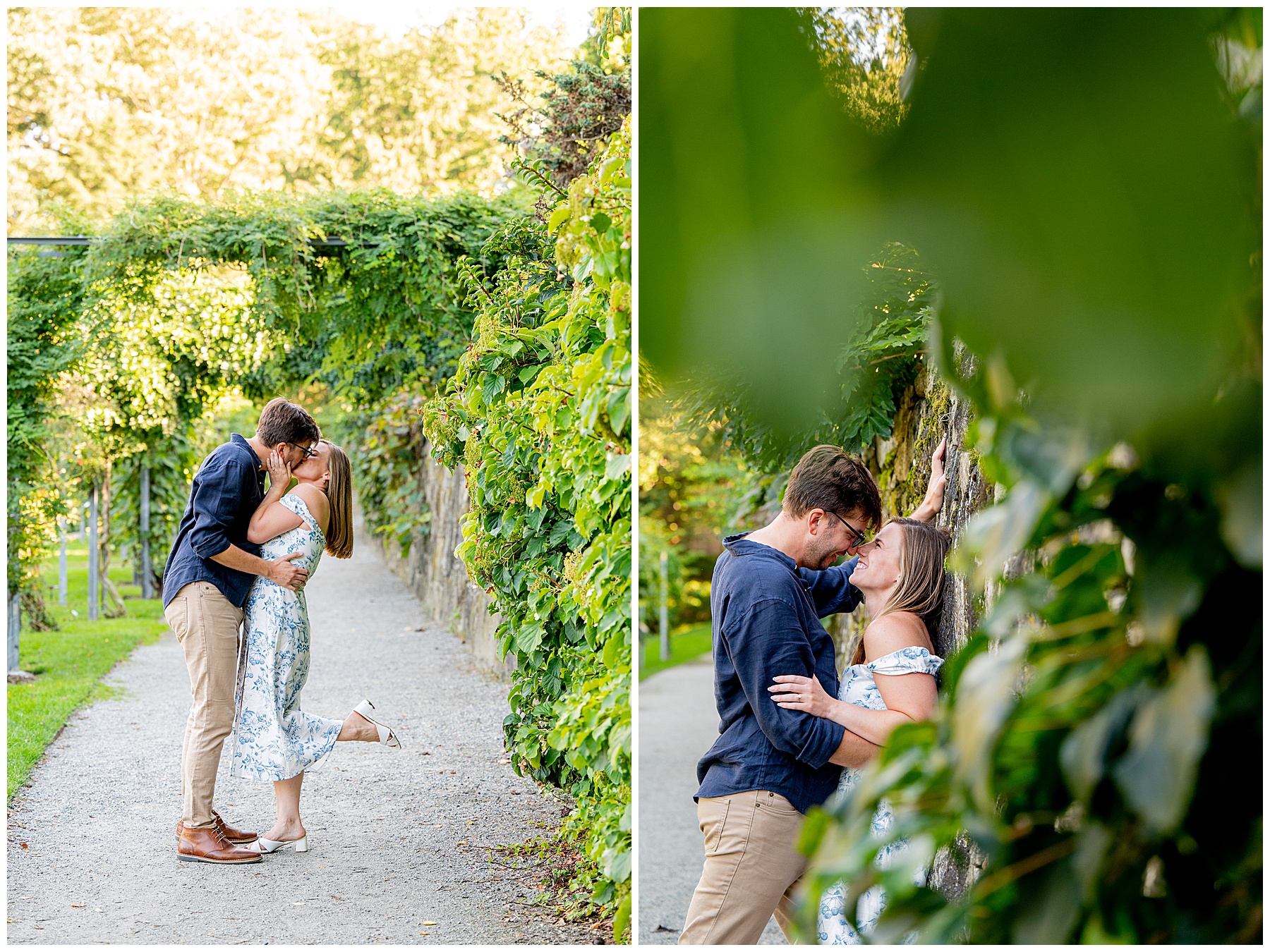 couple kissing along a pathway next to green vine-covered stone wall