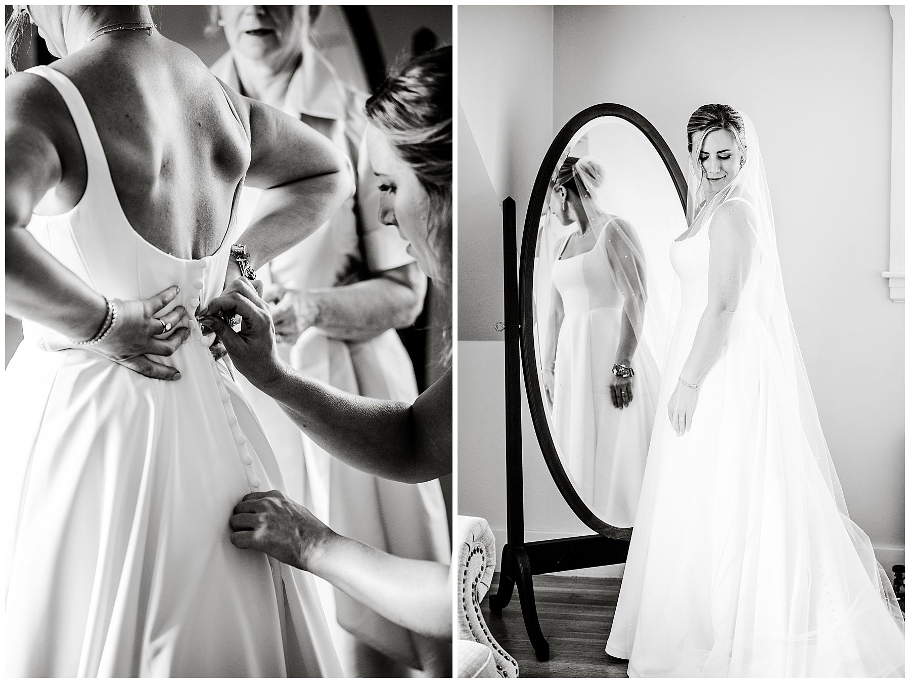 black and white photo of bride getting her dress buttoned up and standing in front of the mirror