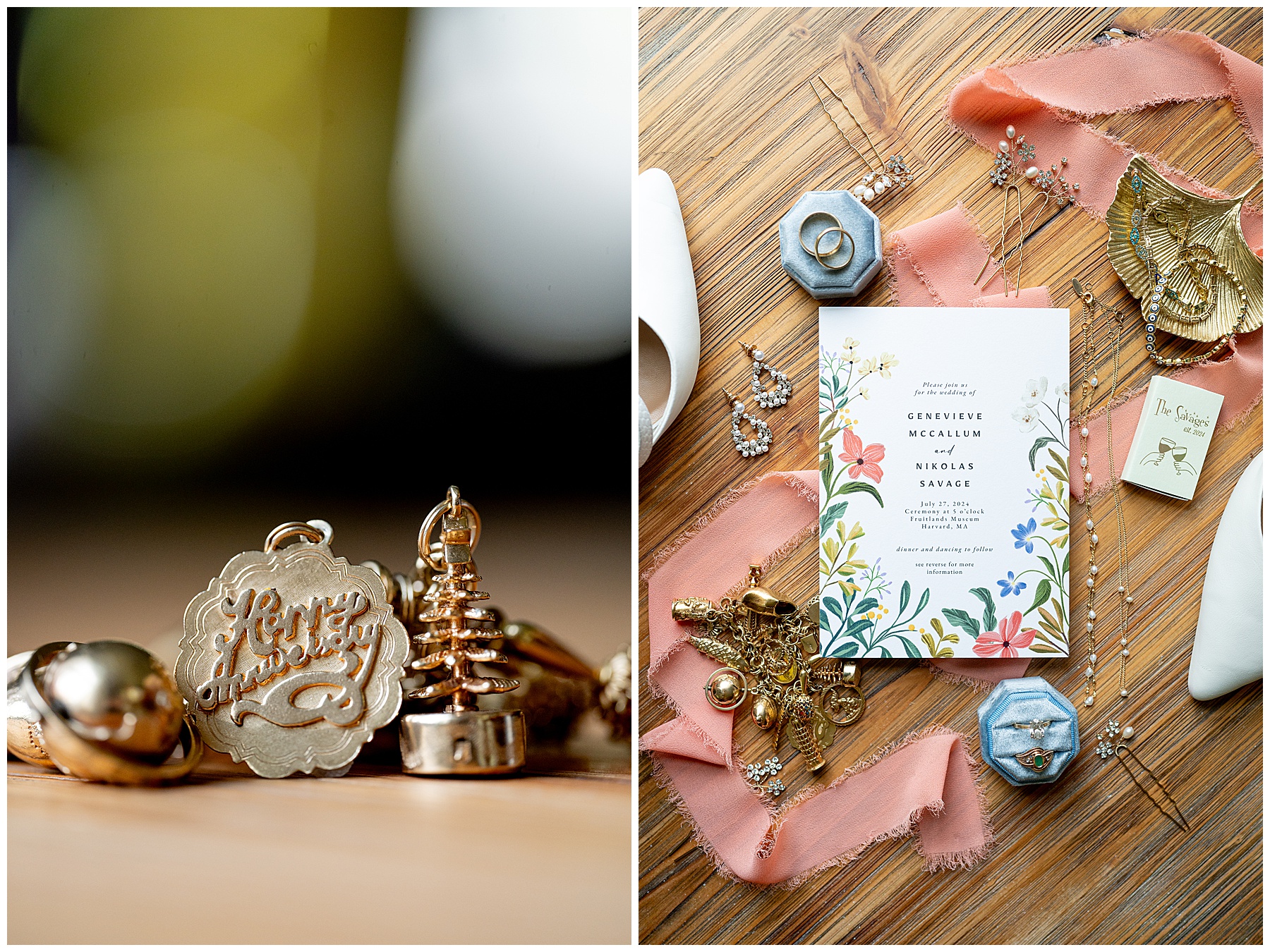 gold jewelry and flat lay of invitation suite with bridal jewelry on wooden floor