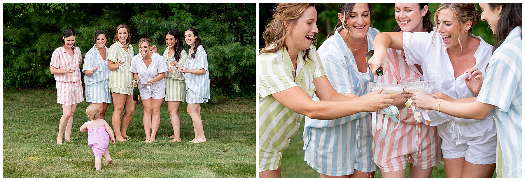 bridesmaids wearing pastel colored pajamas pouring champagne and laughing outside