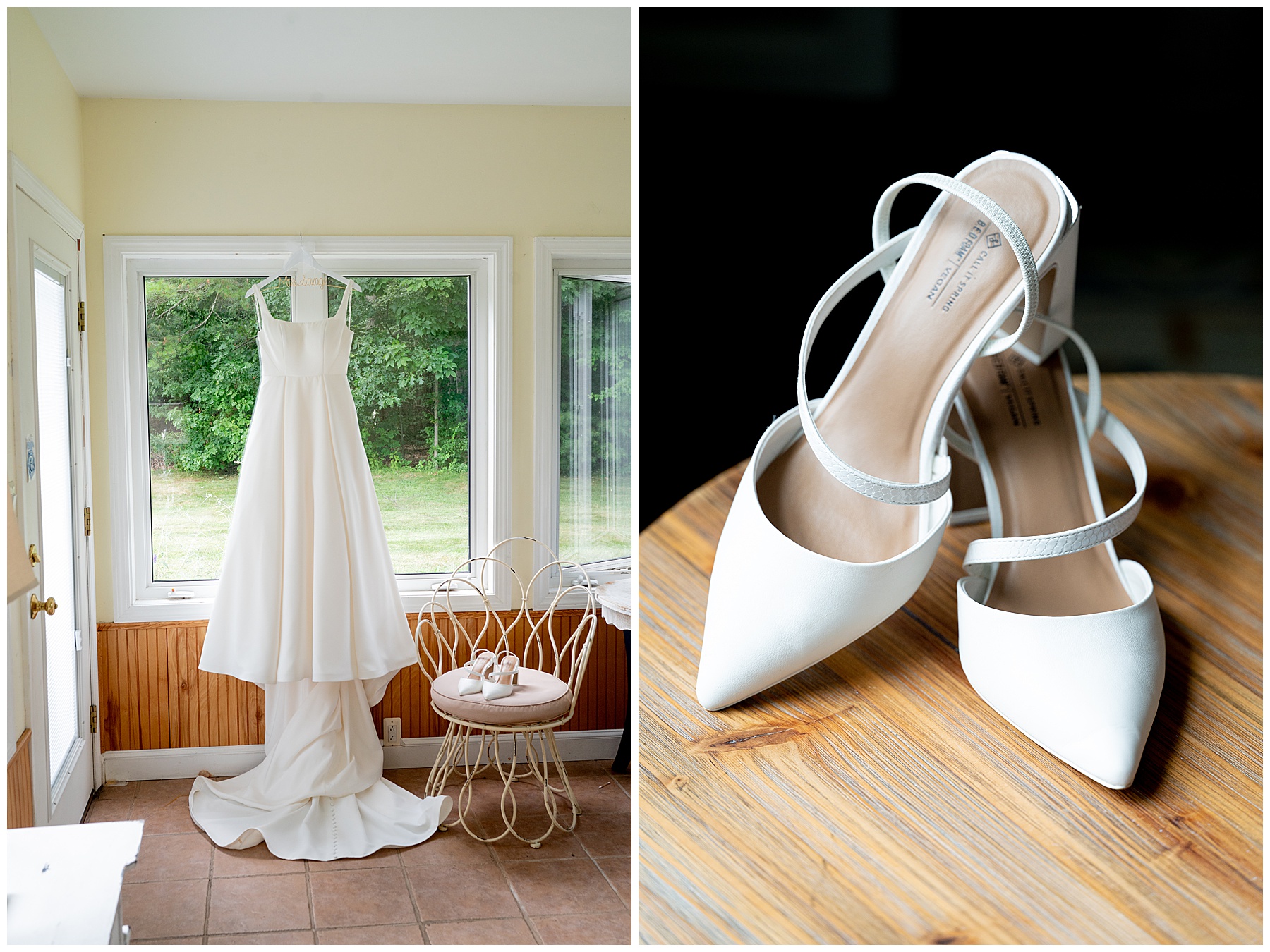 white wedding dress hanging up in window with white bridal shoes sitting next to it