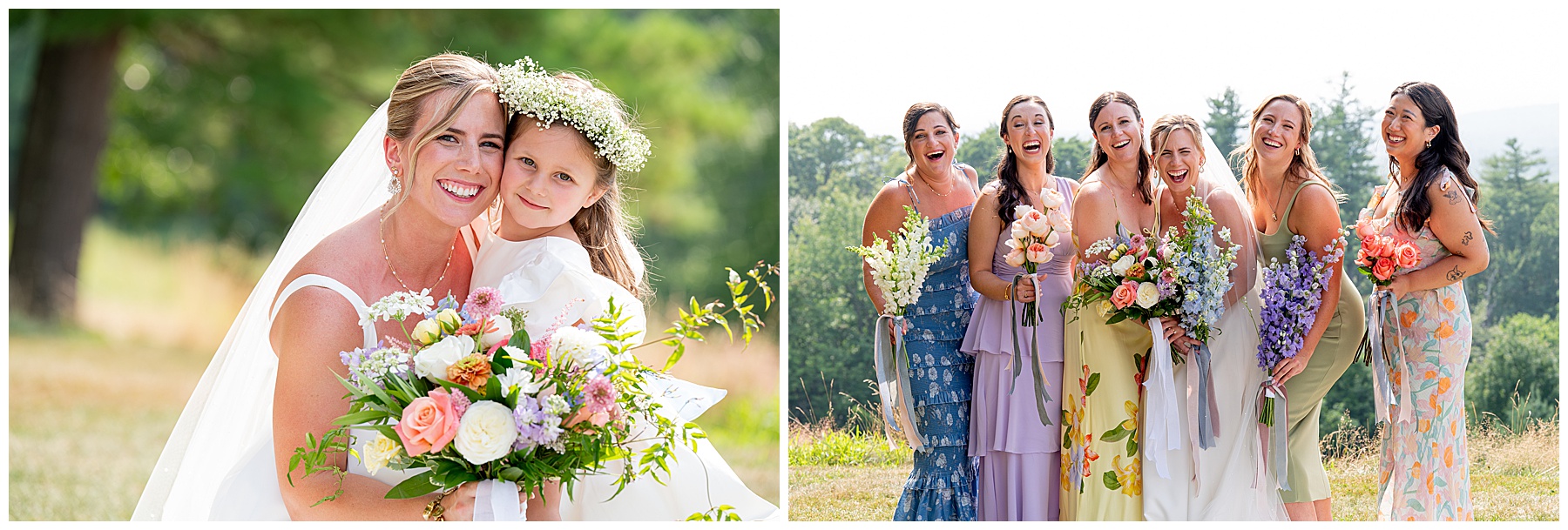 bride posing with flower girl and bridesmaids 