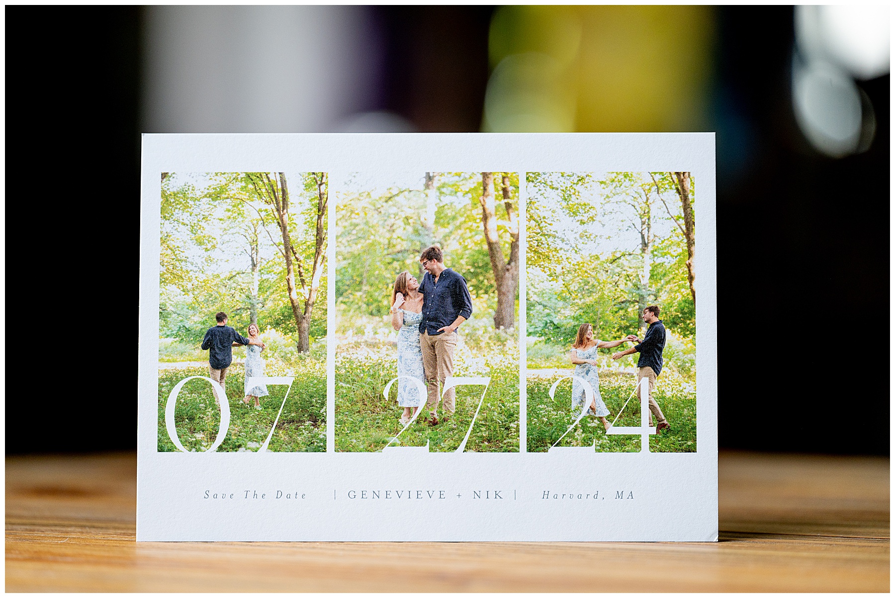 photo of a save the date card with photos of the couple