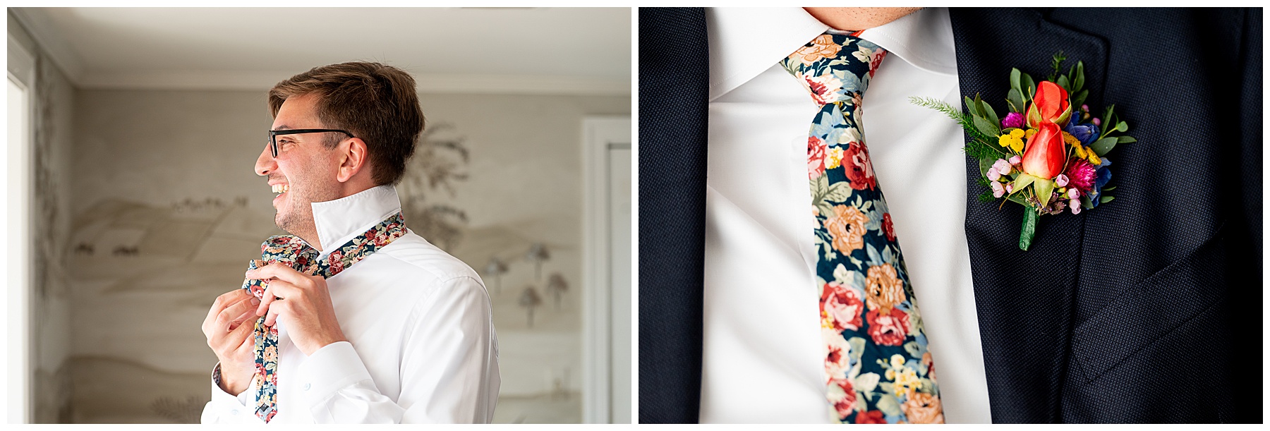 groom tying his floral patterned tie 