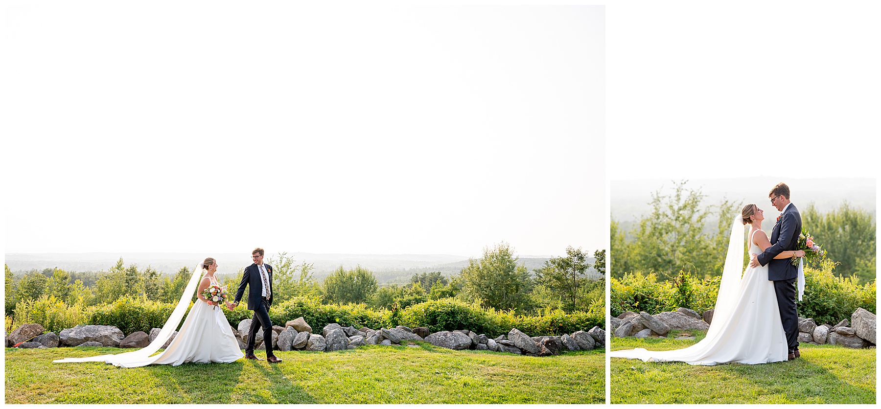 bride and groom walking along a field at their Fruitlands Museum Wedding