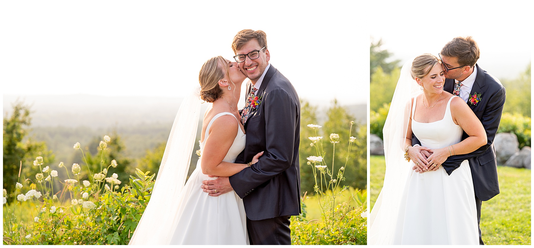 bride and groom kissing and laughing after their Fruitlands Museum Wedding ceremony 