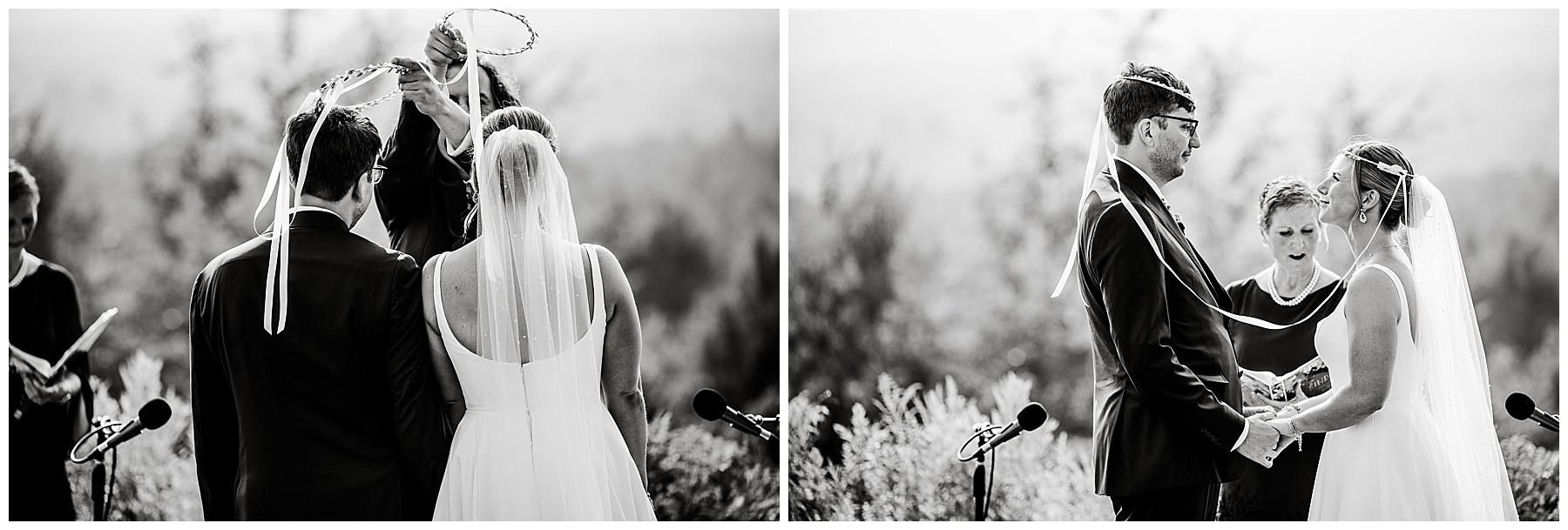 black and white photos of the bride and groom during their wedding ceremony