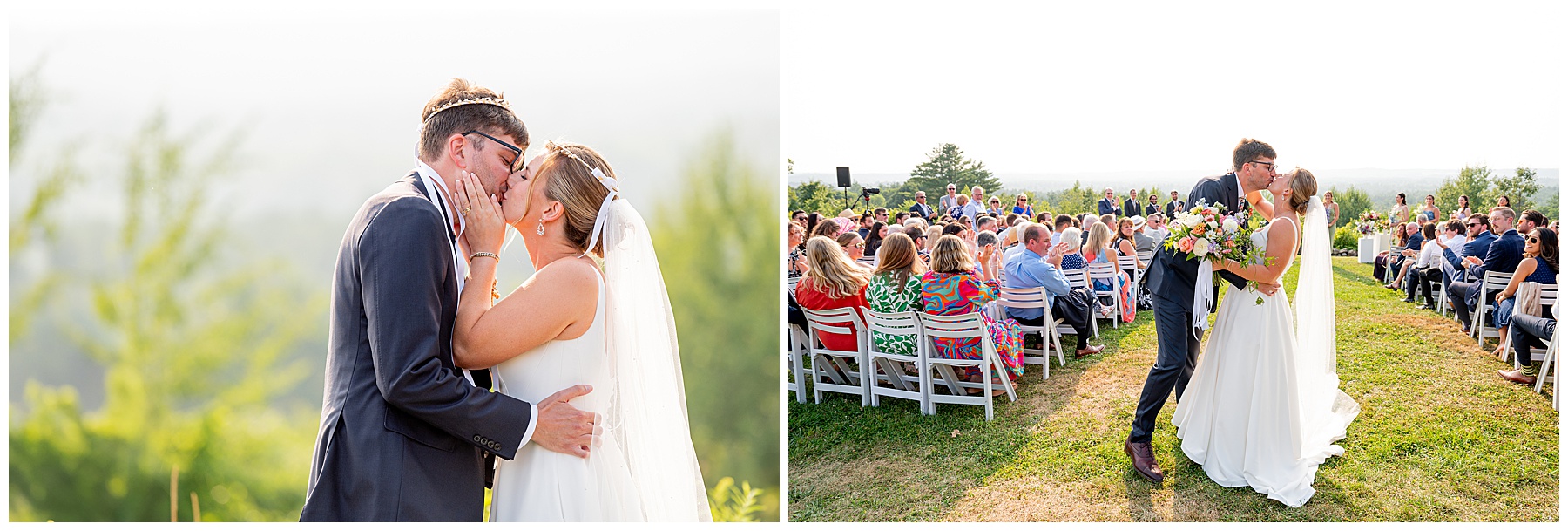 bride and groom kissing at the end of their ceremony at their Fruitlands Museum Wedding 