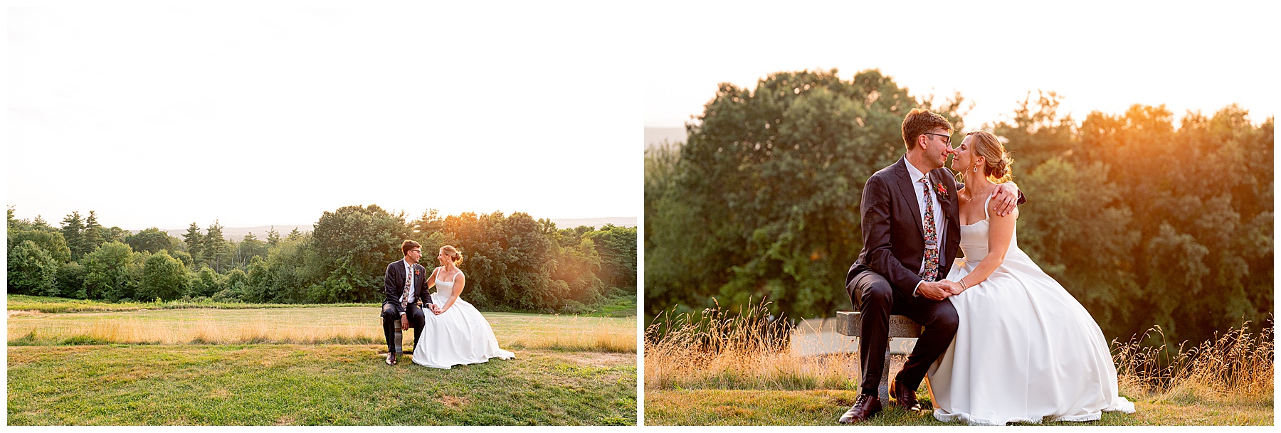 bride and groom sitting on a bench during sunset hour