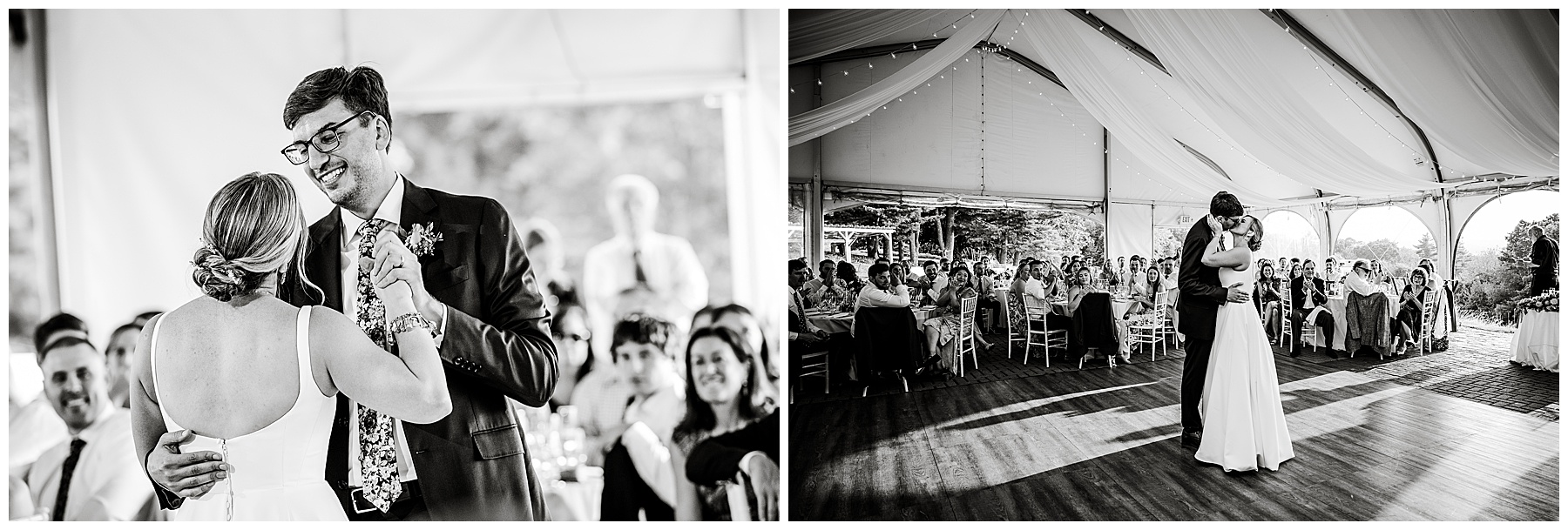 black and white photos of bride and groom dancing during their wedding reception