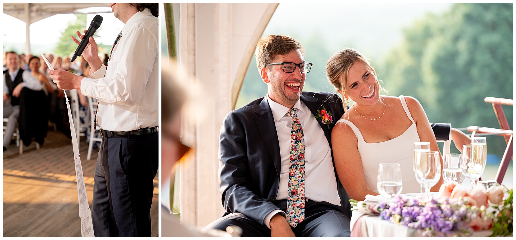 groomsmen giving a wedding toast and bride and groom sitting at their table laughing 