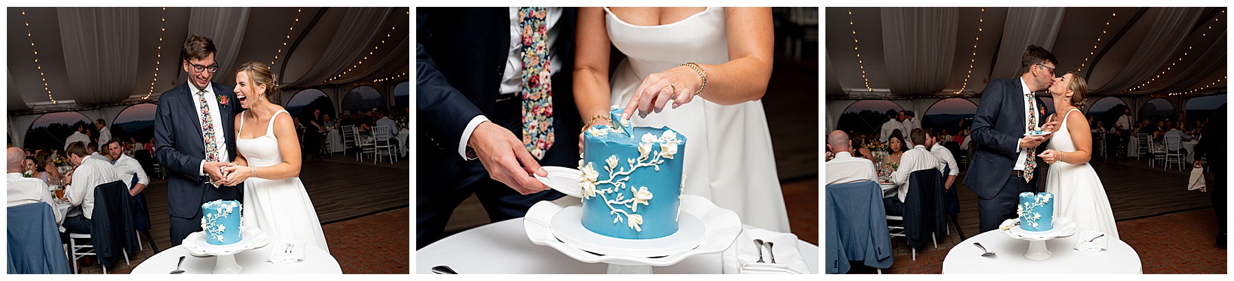 bride and groom cutting into their teal blue wedding cake with white flower and vine detailed icing and kissing