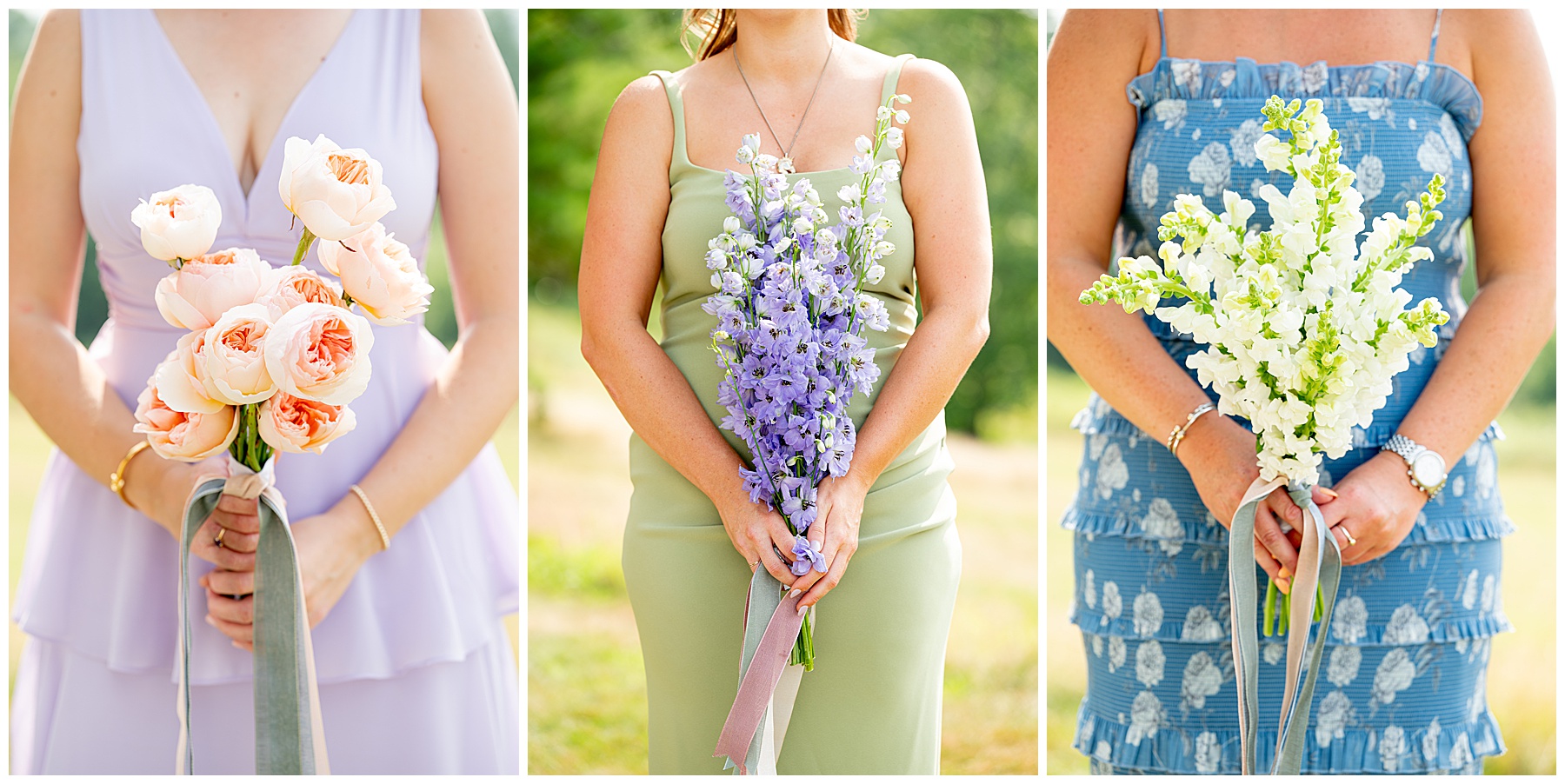 close up photo of bridesmaids bouquets full of colorful wildflowers 