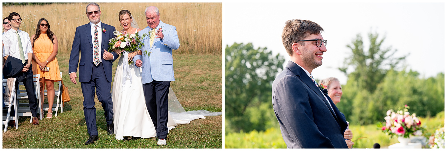 bride walking down the aisle smiling with her fathers and the groom looking and smiling back at her 