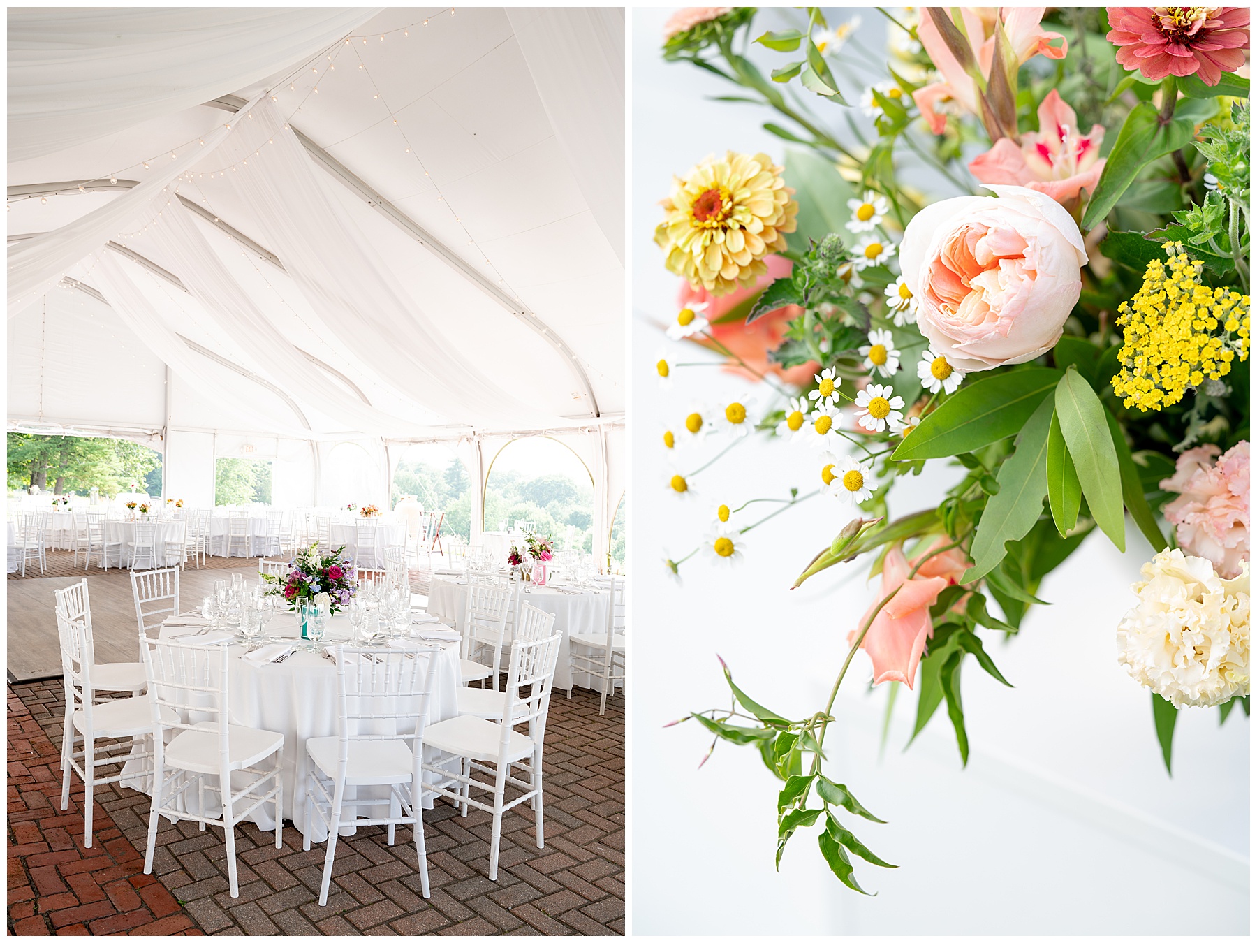 an all-white table setting underneath the tent at the Fruitlands Museum for the wedding reception 