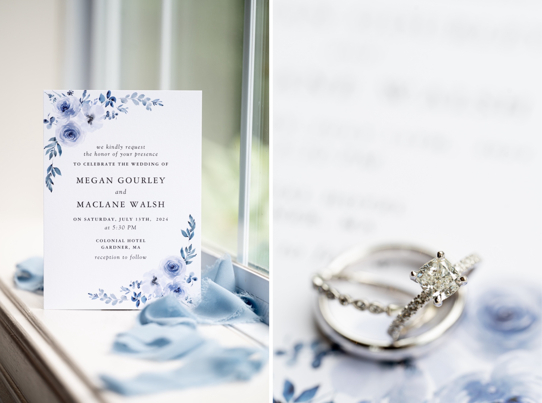 blue floral wedding invitations and silver wedding rings 