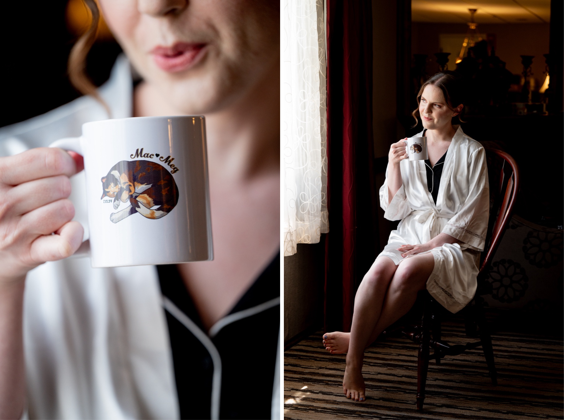 bride sitting in chair sipping coffee before wedding day