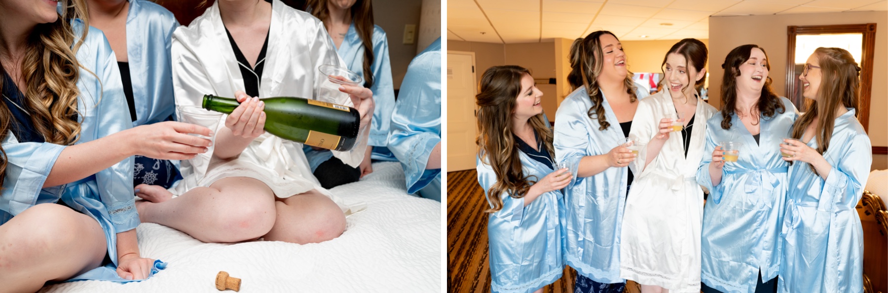 bride and bridesmaids wearing white and light blue satin pajamas drinking champagne before the wedding