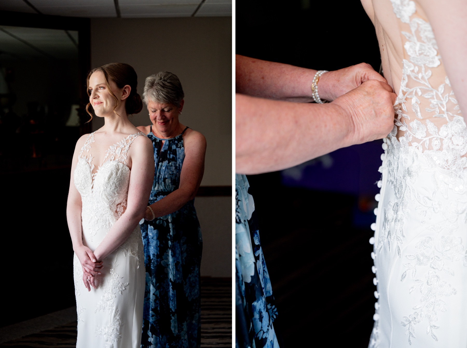 bride's mother buttons up her dress