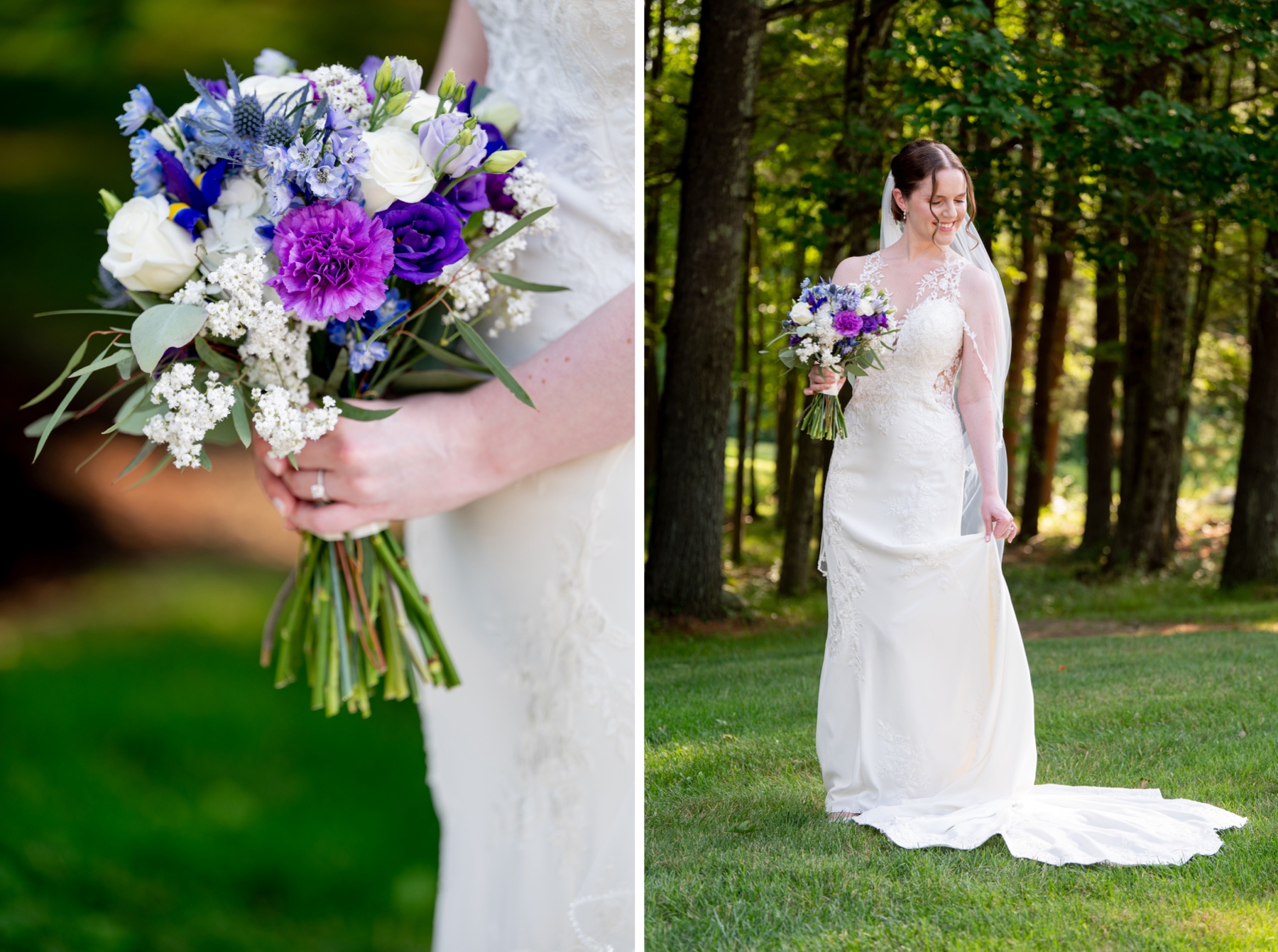 bride holding her wedding bouquet of purple and blue and white flowers 