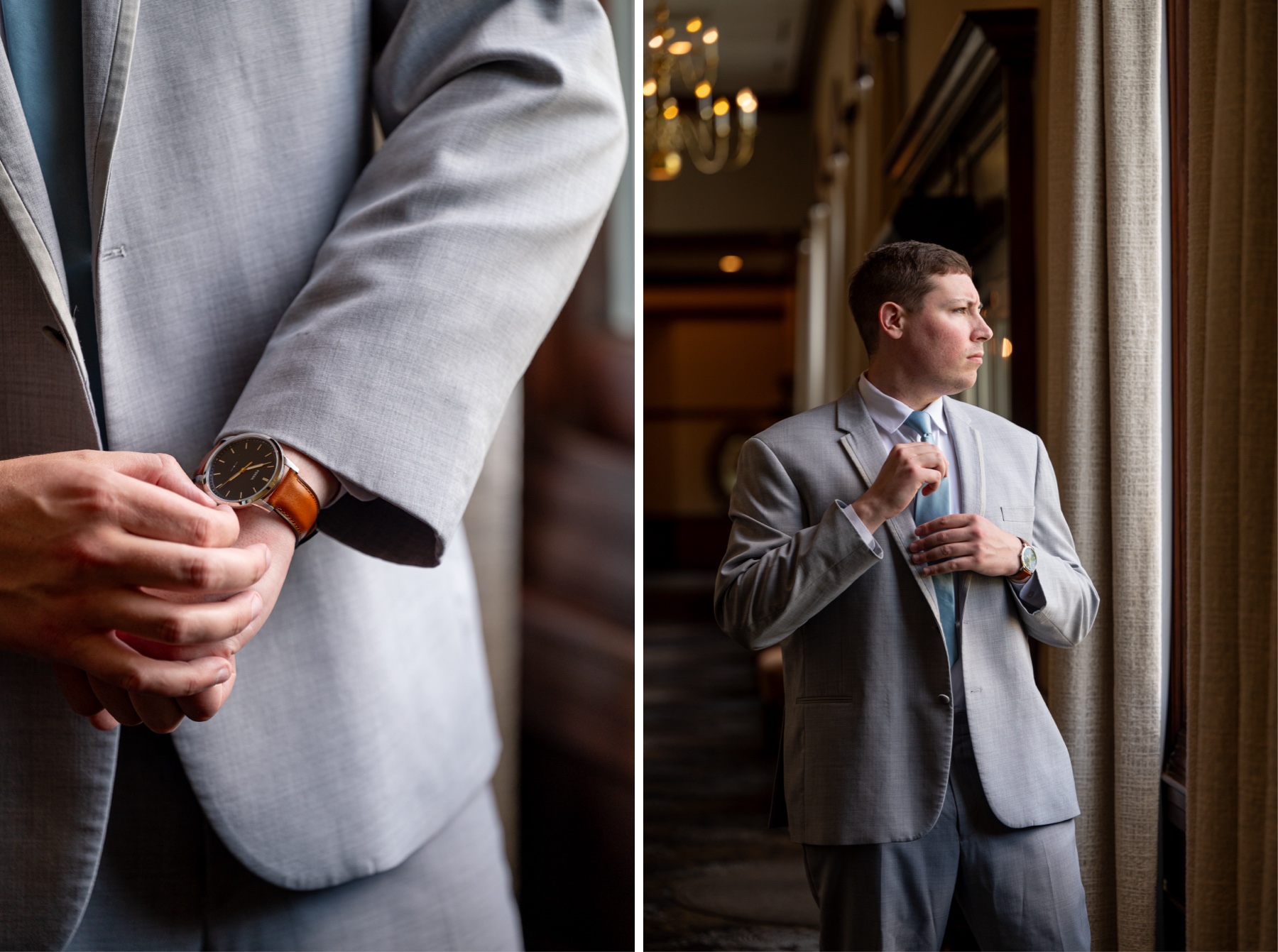 groom adjusting his brown leather watch and light blue tie 