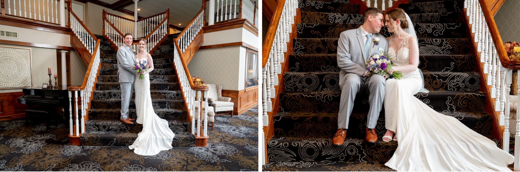 bride and groom standing and sitting on main stairs of wedding venue 