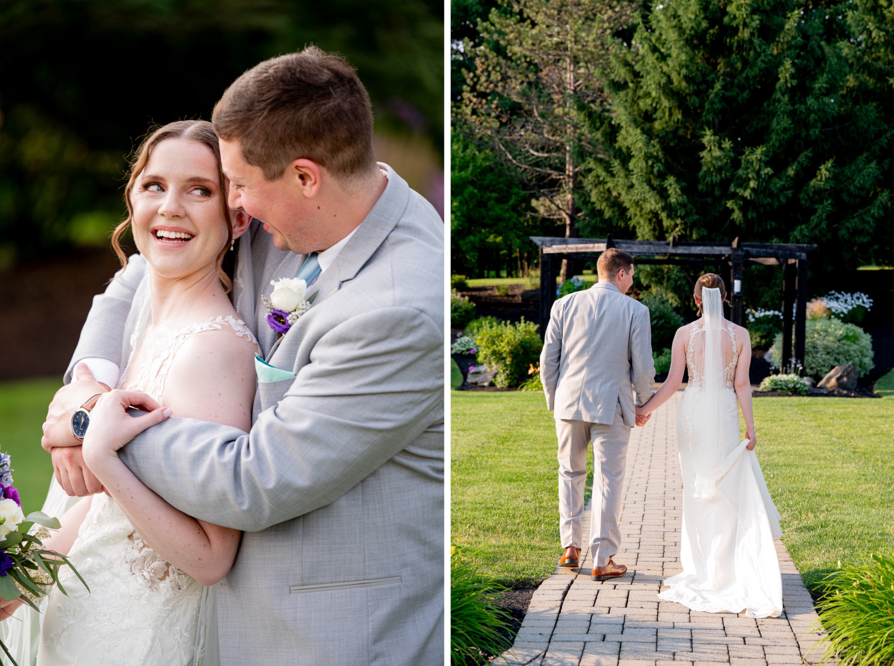 bride and groom hugging and walking along the pathway 