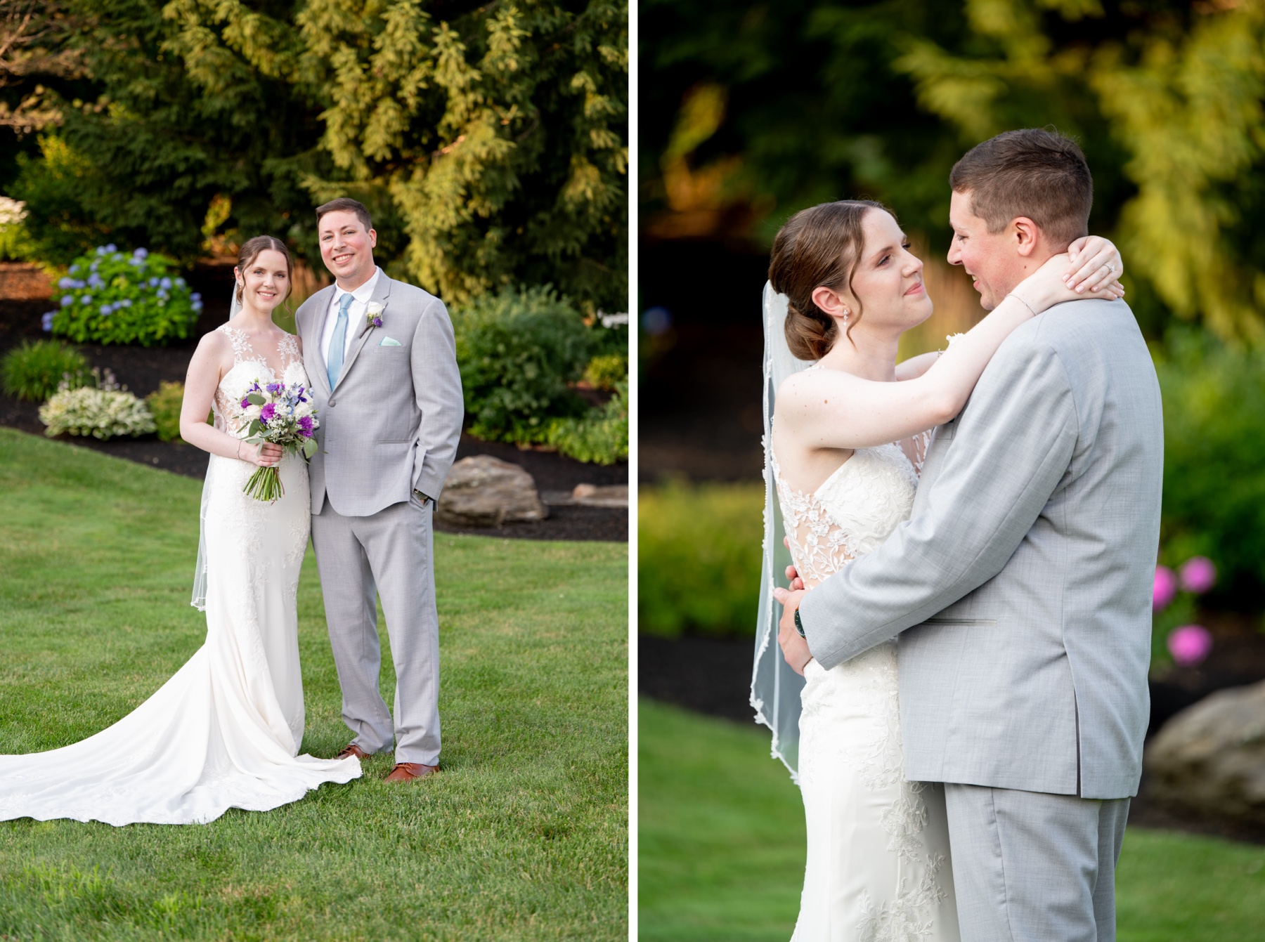 bride and groom standing and smiling at camera on their wedding day 