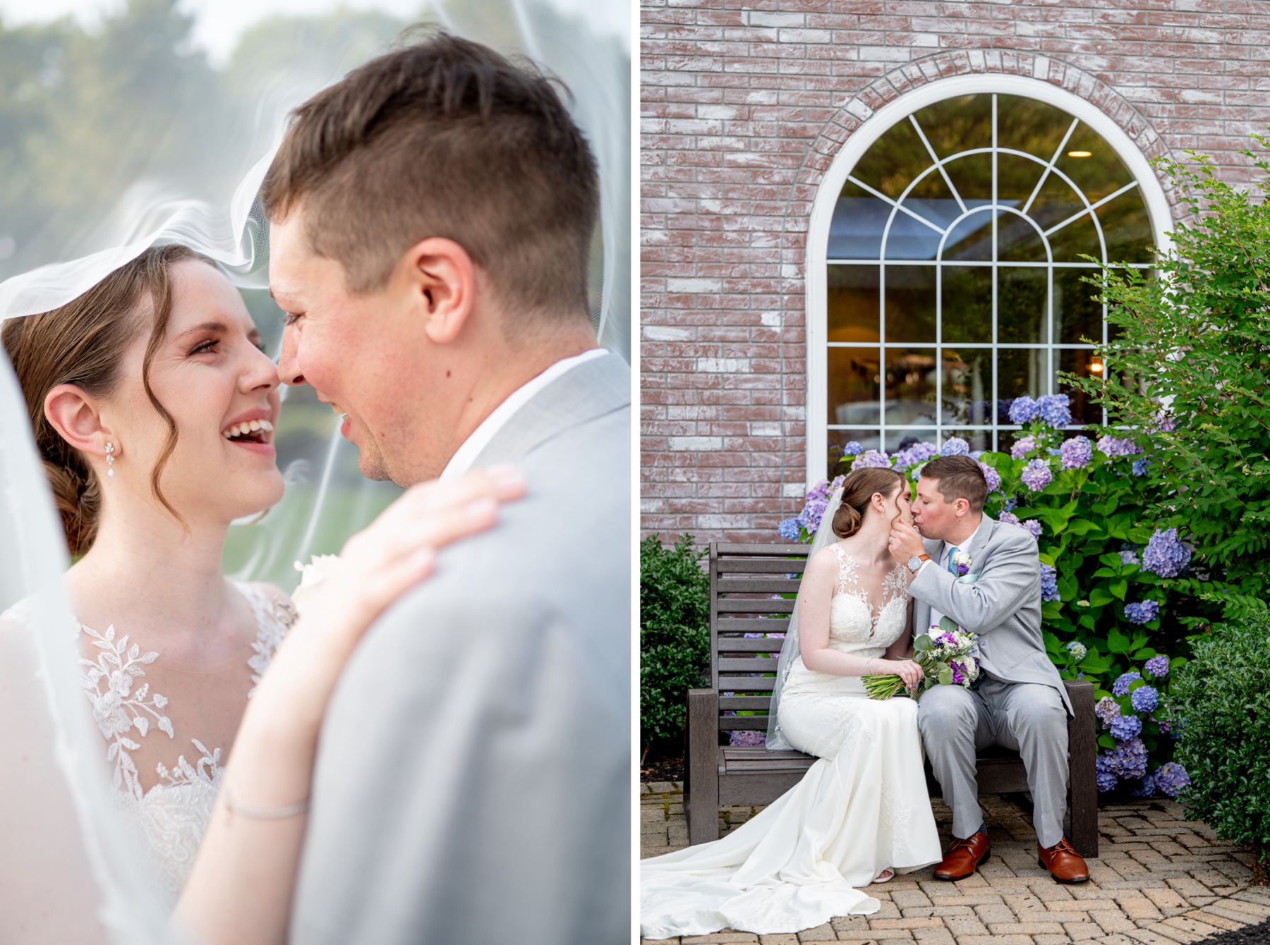 bride and groom smile under the bride's veil and sitting on bench kissing 