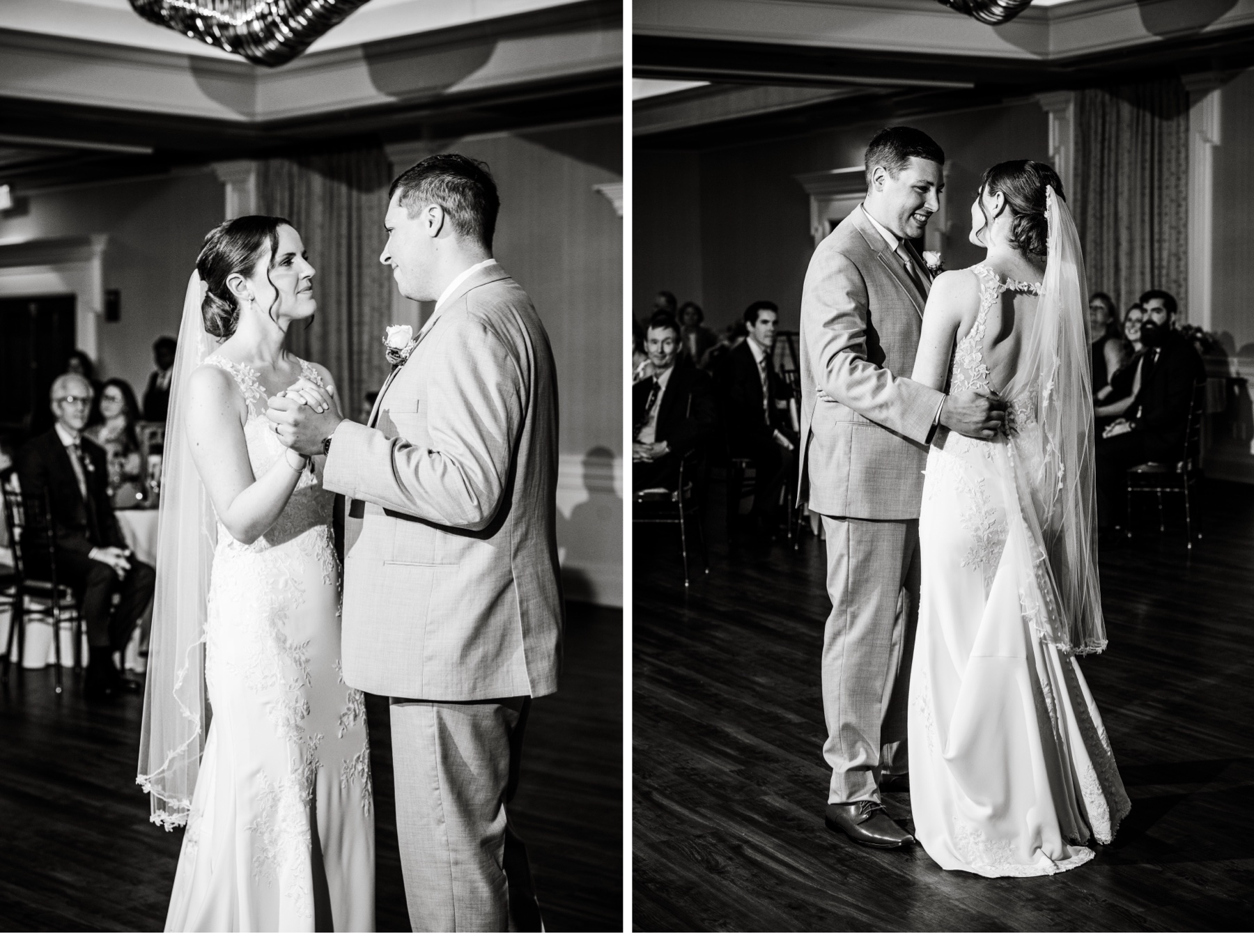 bride and groom during their first dance at wedding reception