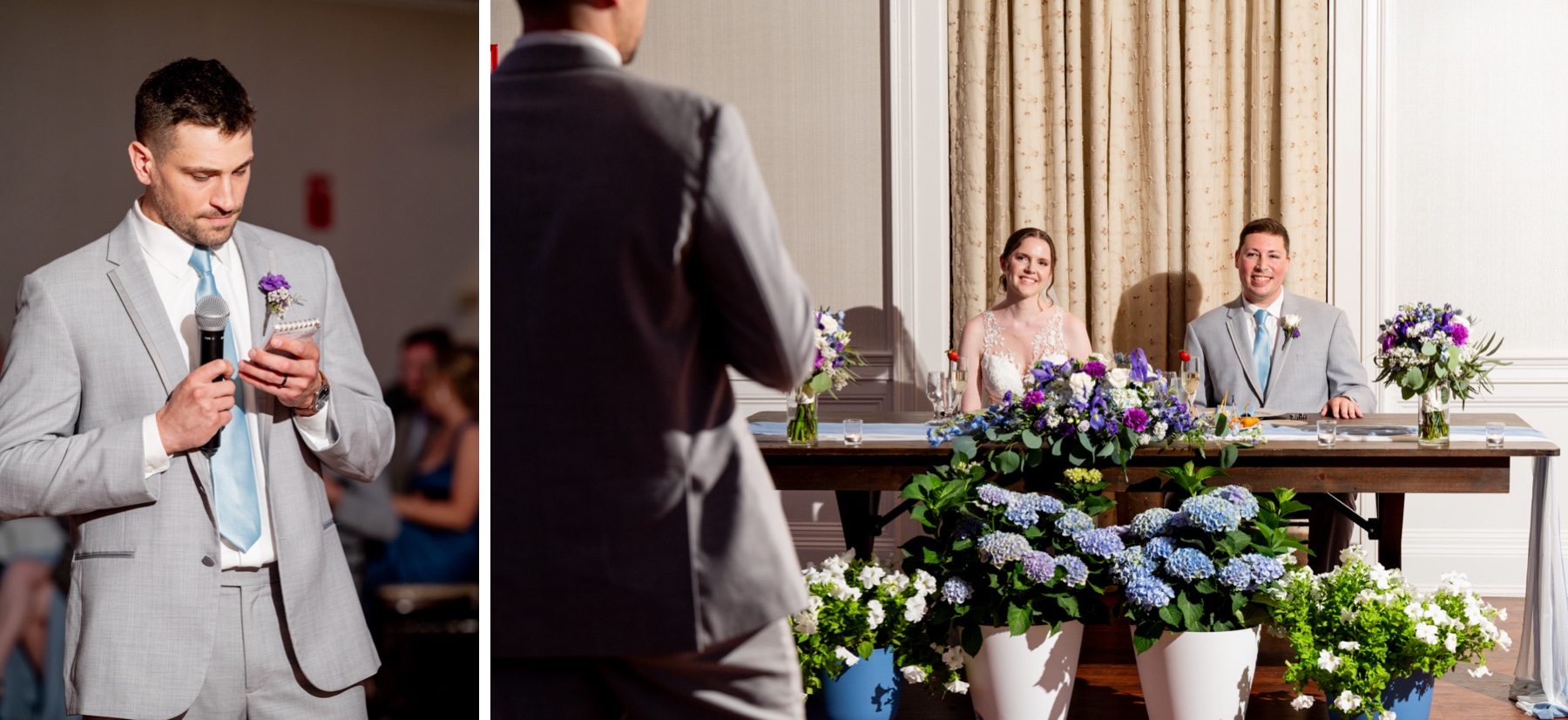 groomsman giving toast and bride and groom looking on and laughing 