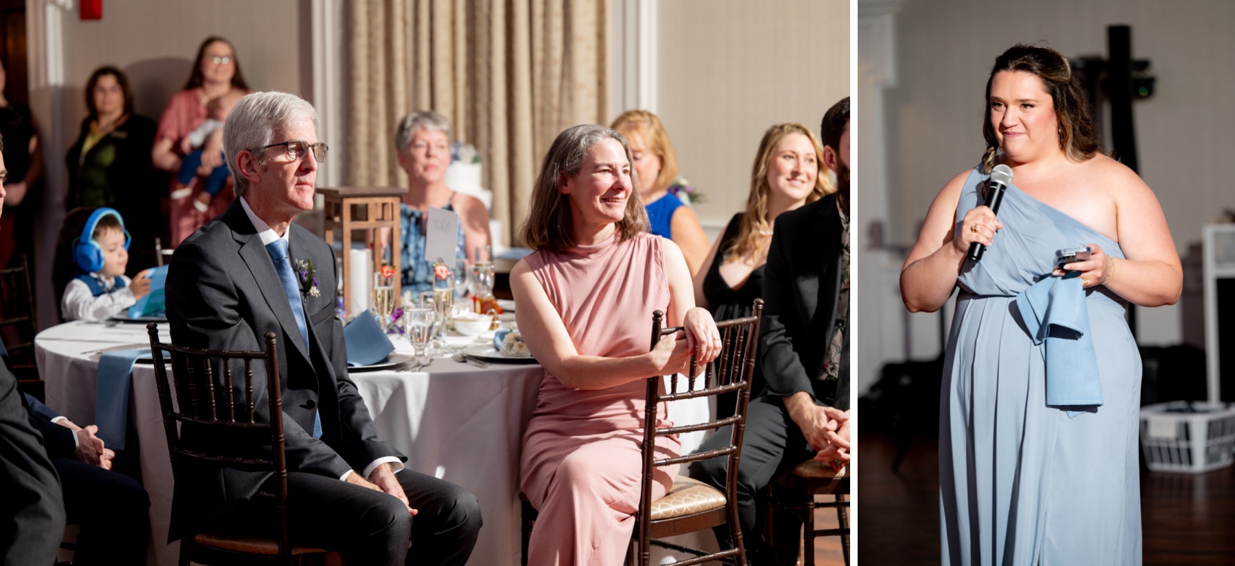 bridesmaid giving speech and guests watch and laugh 