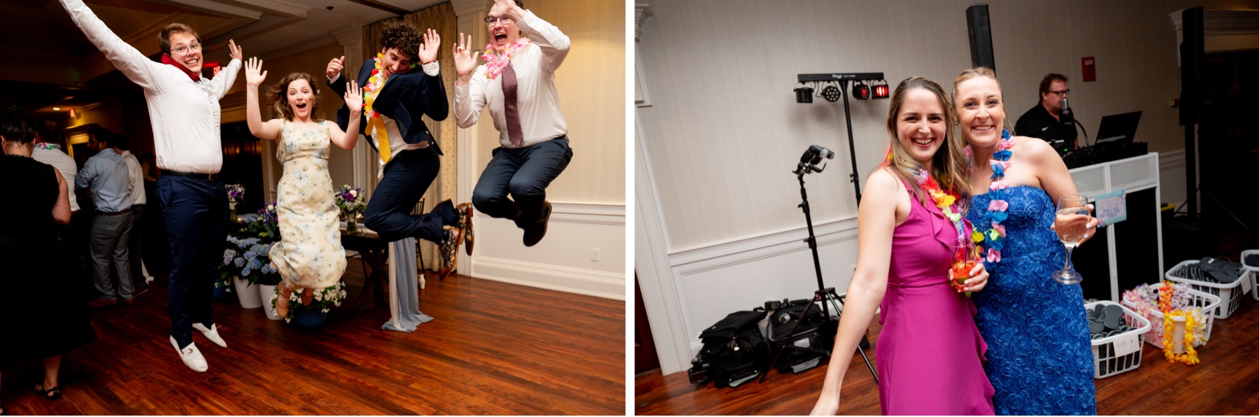 wedding guests dancing and posing for the camera 