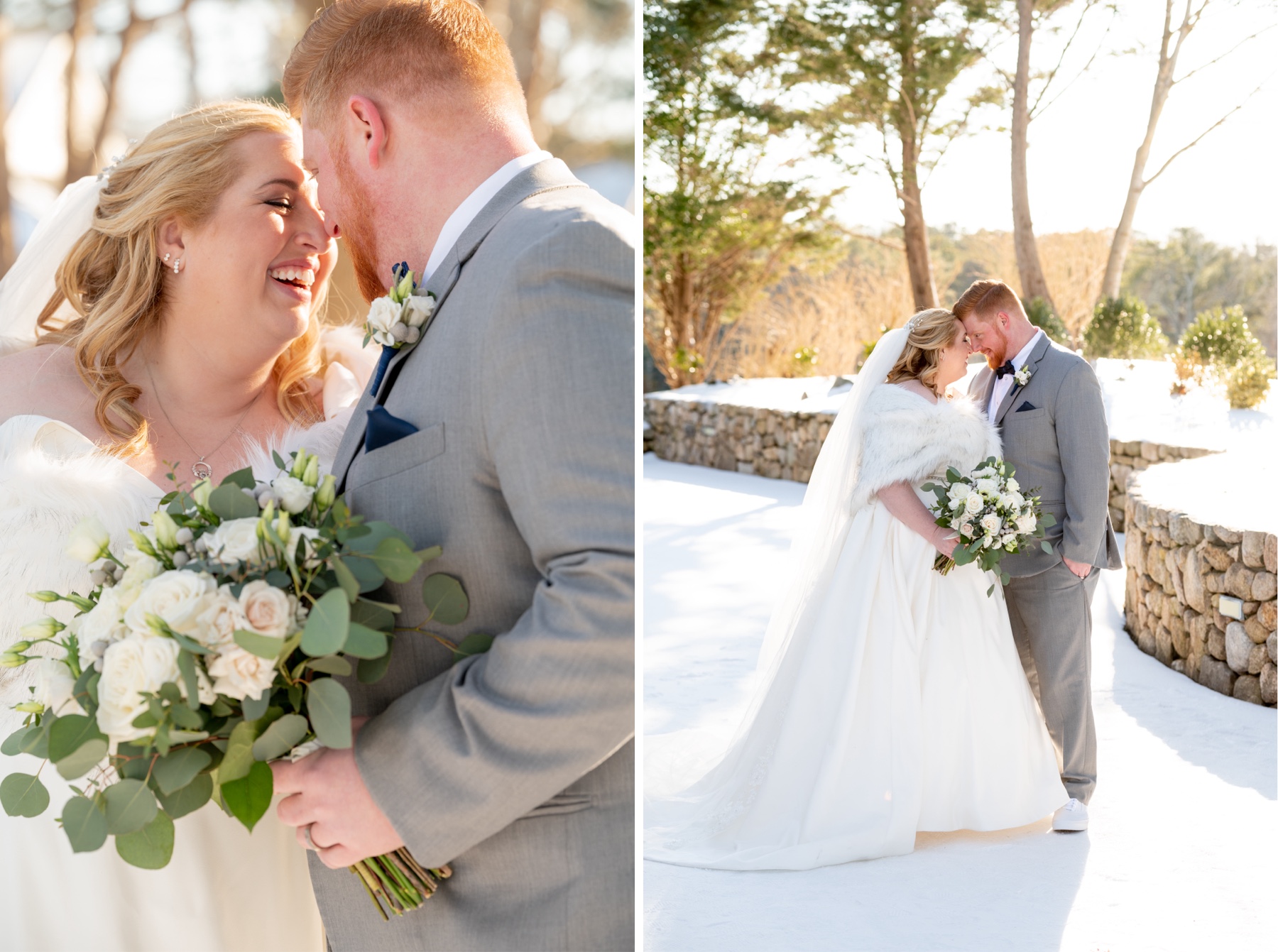 bride and groom smiling and kissing while outside surrounded by snow for a Winter Wonderland Wedding