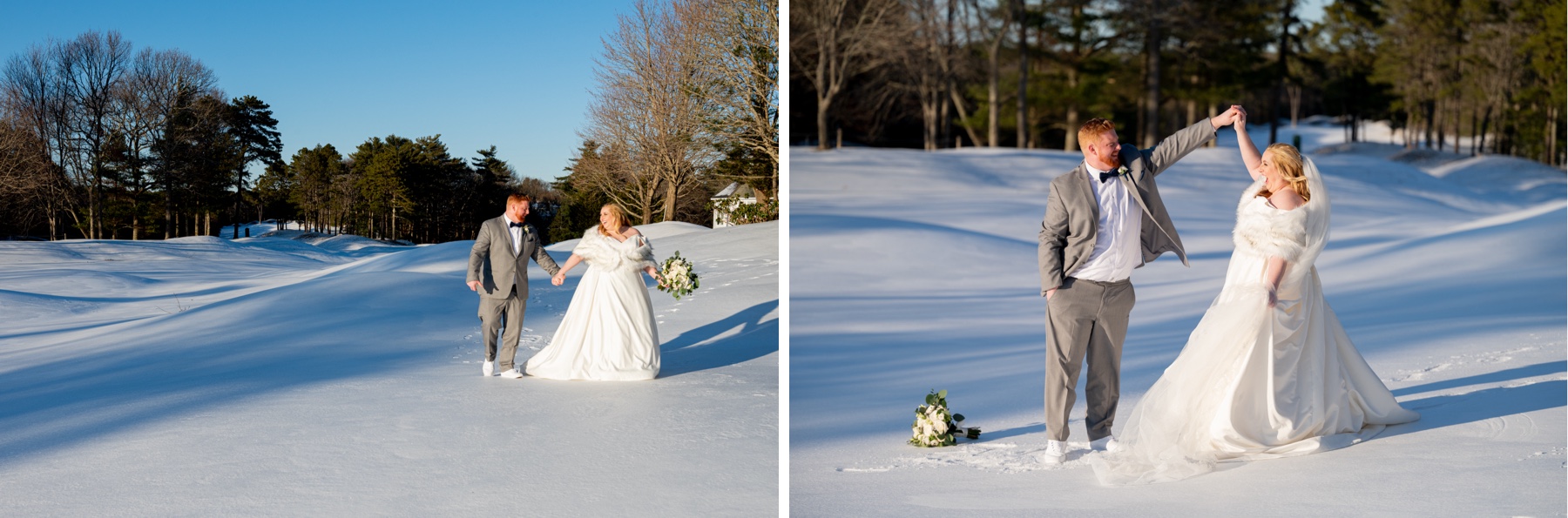 bride and groom walking and dancing in a field covered in snow