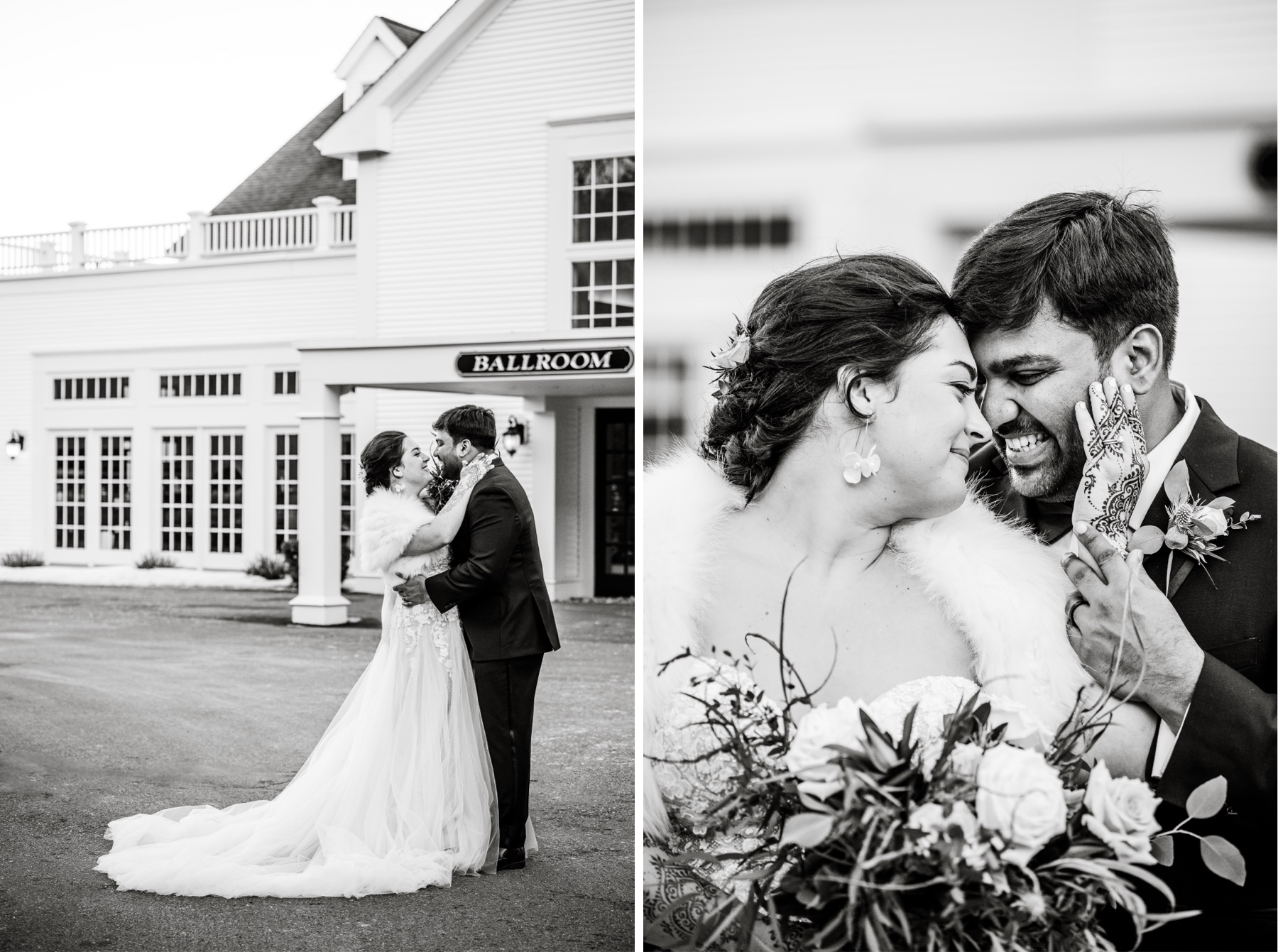 black and white photo of bride and groom smiling at each other