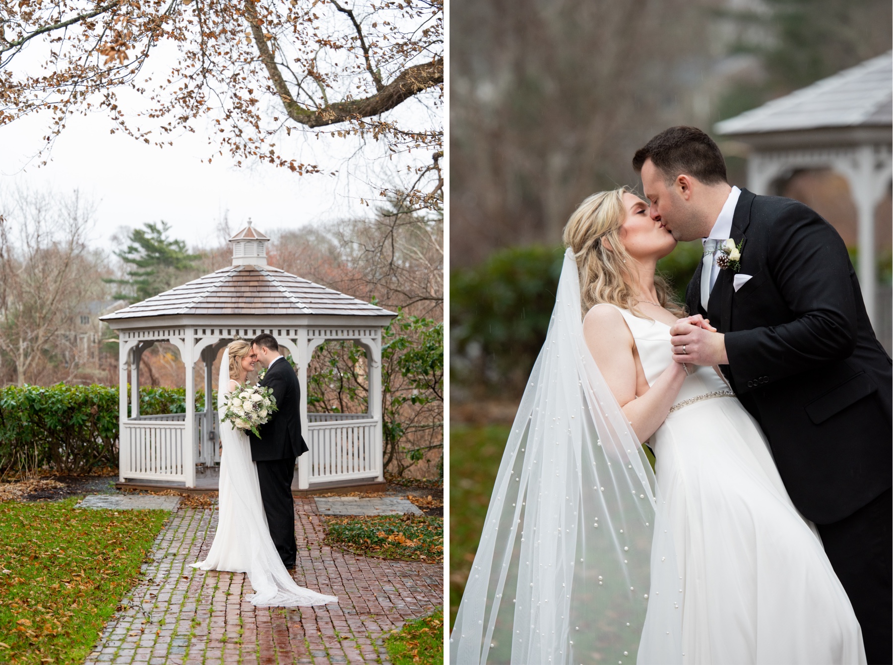 bride and groom kissing in front of white gazebo