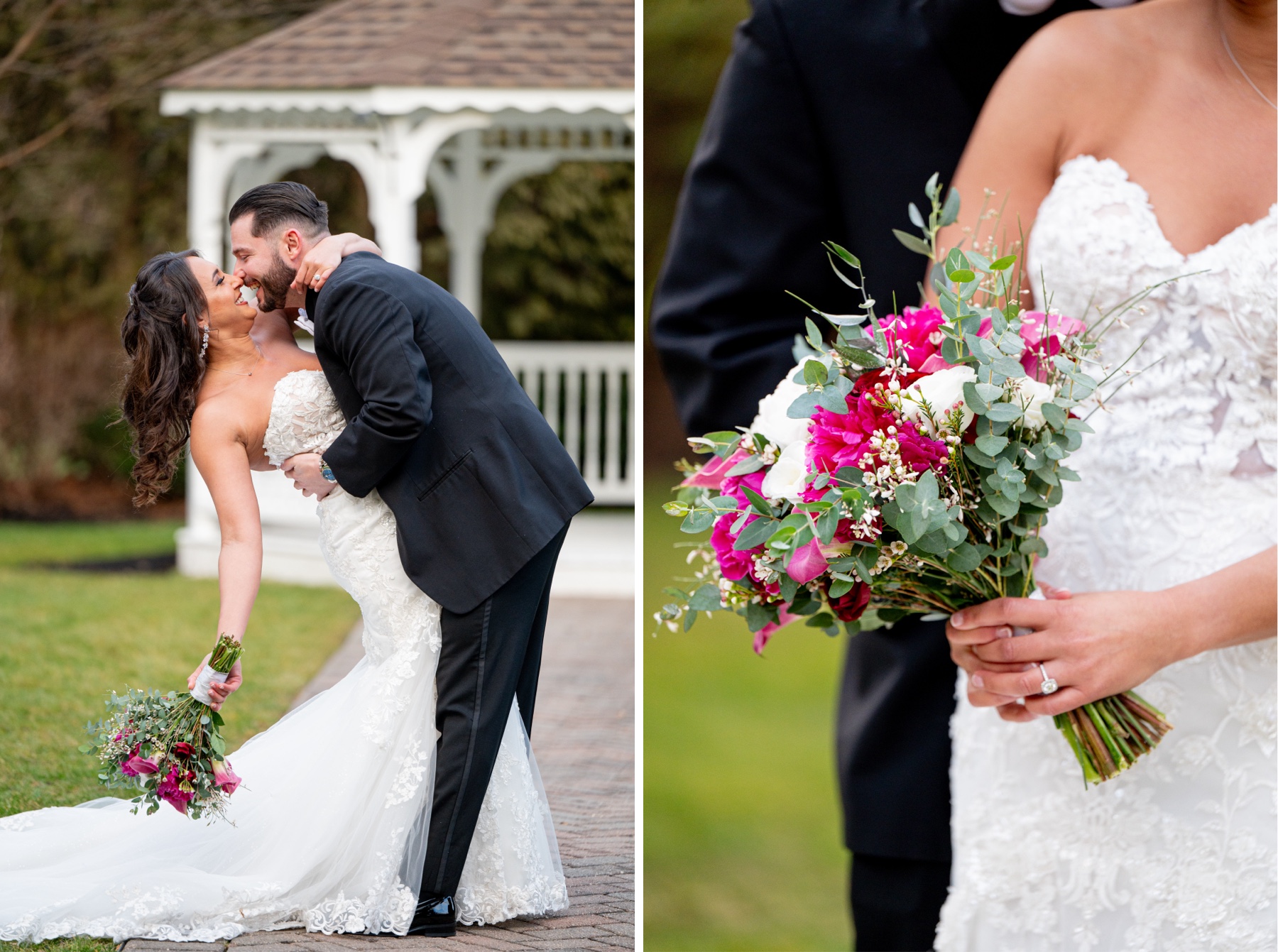 bride and groom dip and bride holds pink and green bouquet 