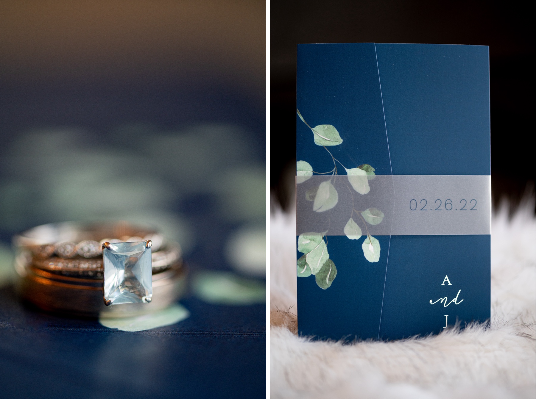 blue stone wedding ring and blue wedding invitation