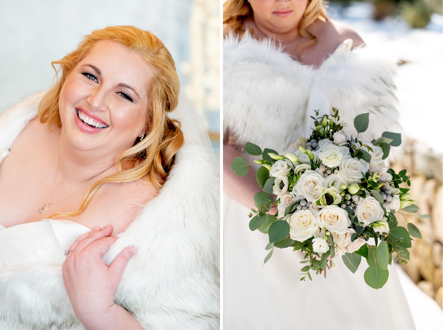 blonde haired bride smiling at camera and holding wedding bouquet of white flowers and greenery 