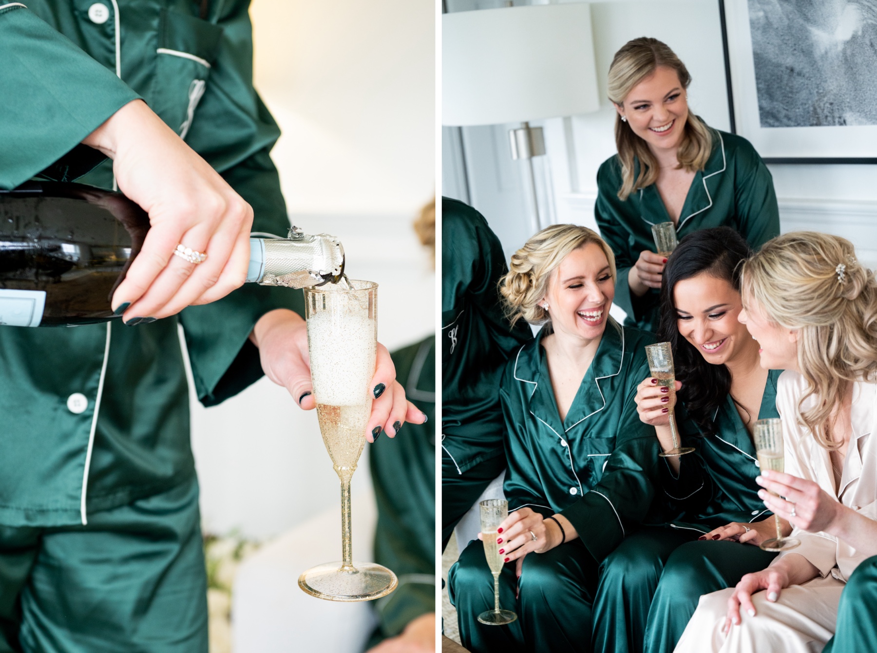 bridesmaid pouring champagne and clinking glasses while wearing green satin pajamas 