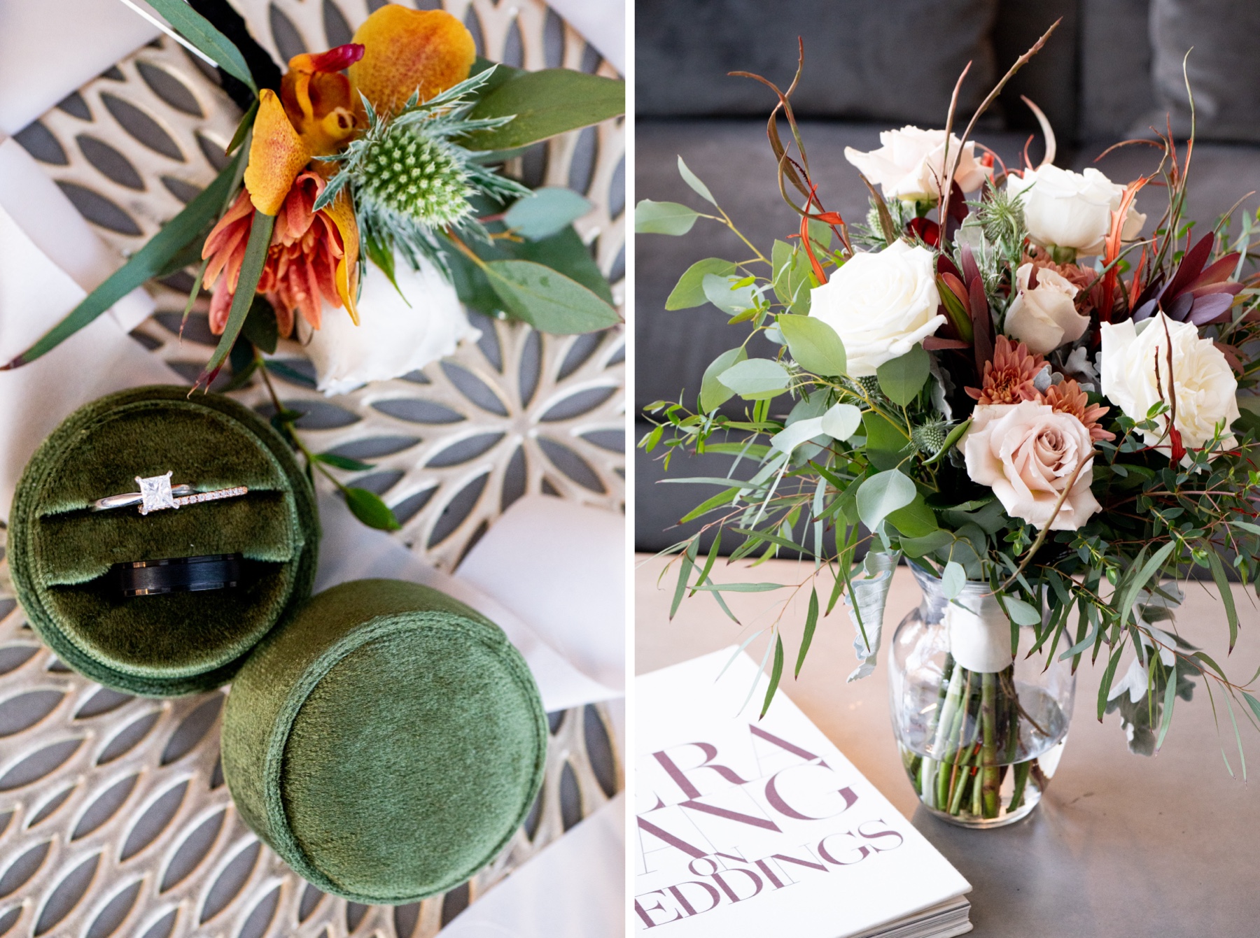 wedding rings sitting in green velvet ring box and wedding bouquet full of white and pink and orange and green florals 