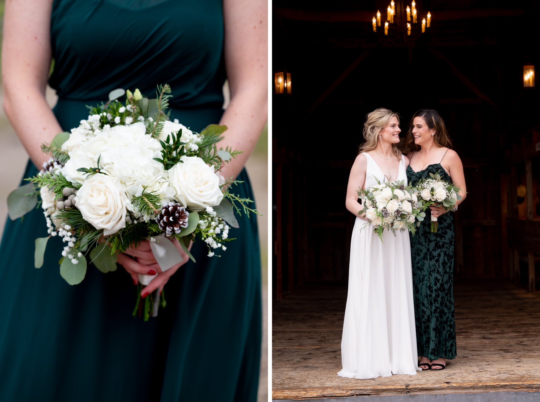 bridesmaid wearing green dress and holding white and green wedding bouquet 