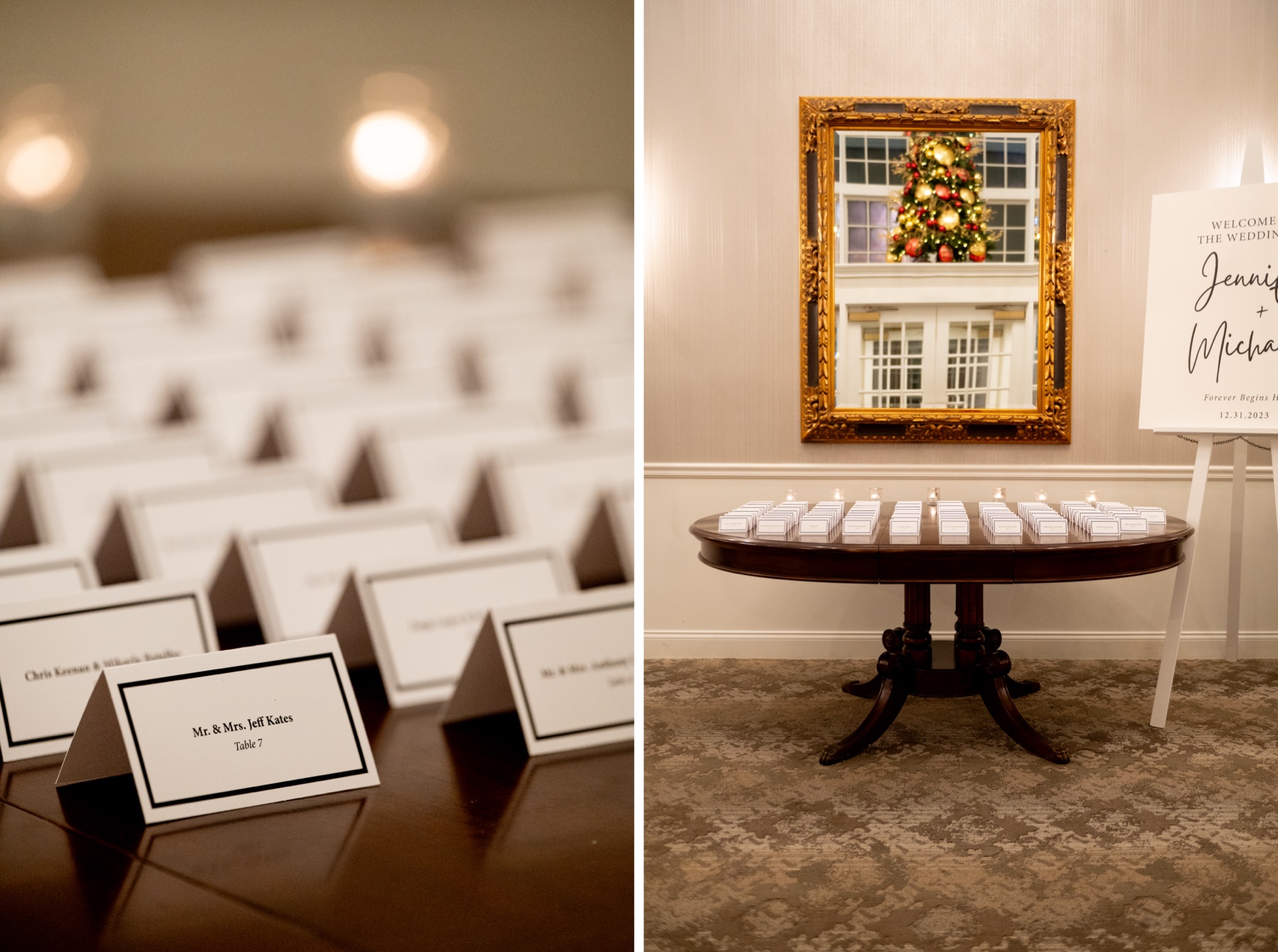 white wedding seating cards on table at wedding reception 