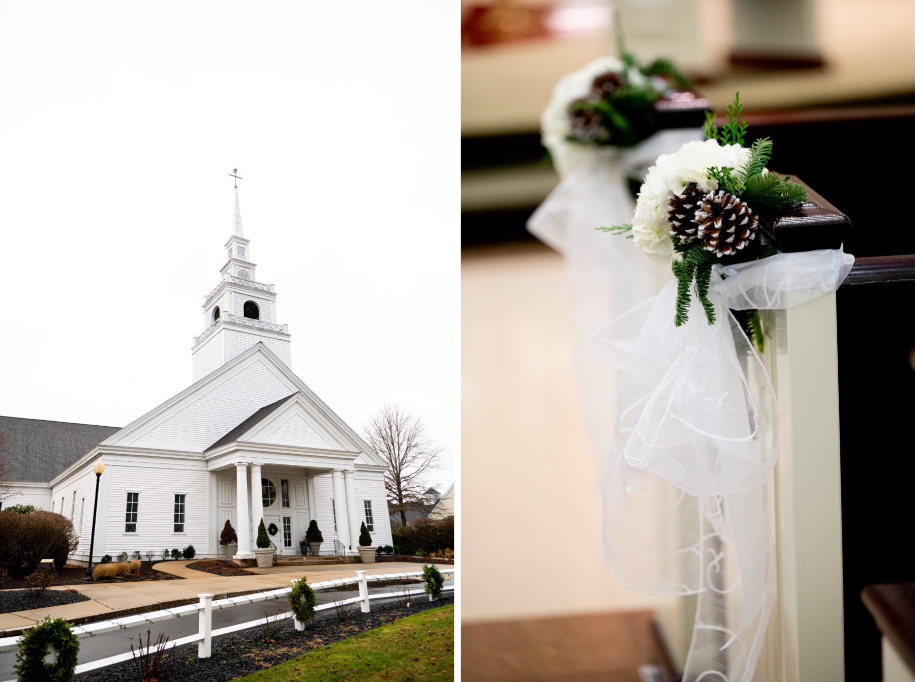 white church with christmas wreaths hung on the front door and front fence 