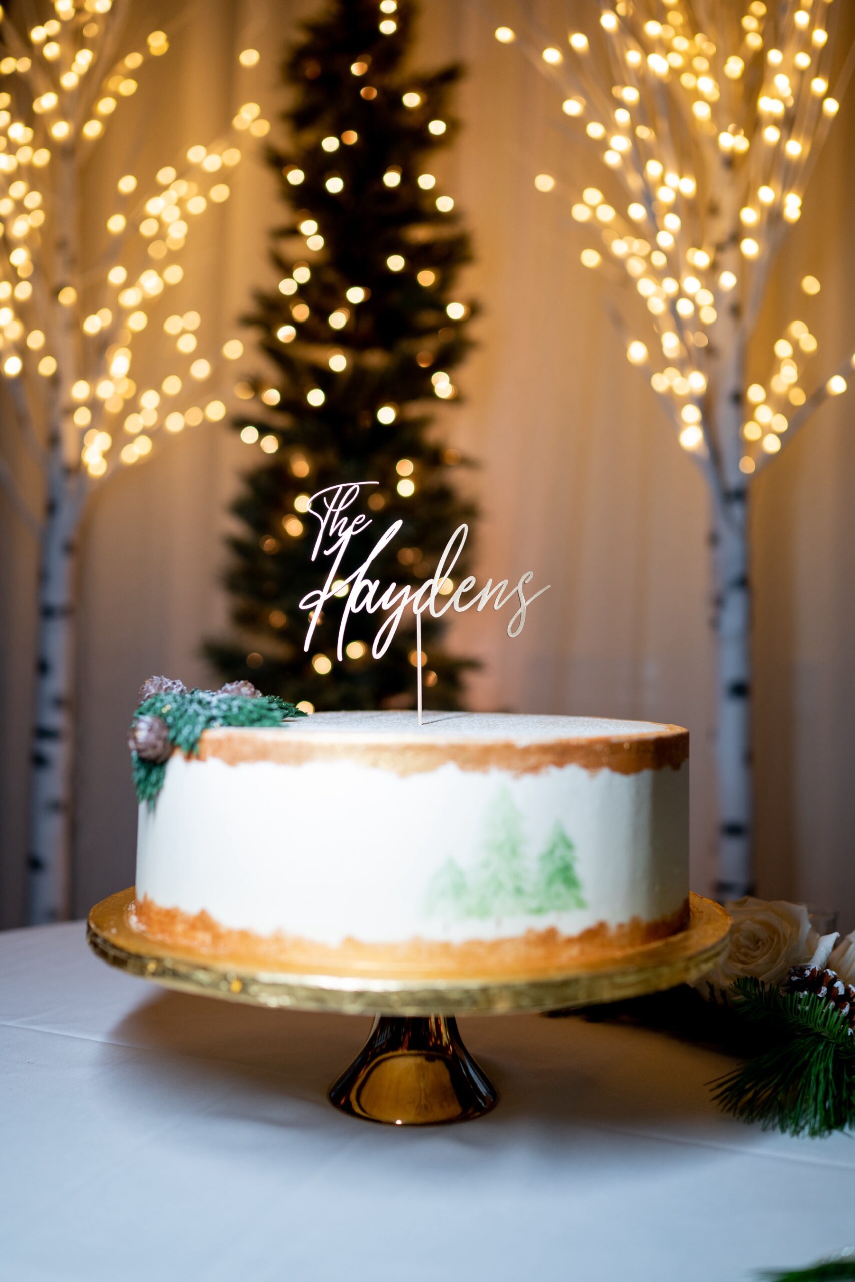 white and gold wedding cake with christmas trees in background for the Winter Wonderland Wedding