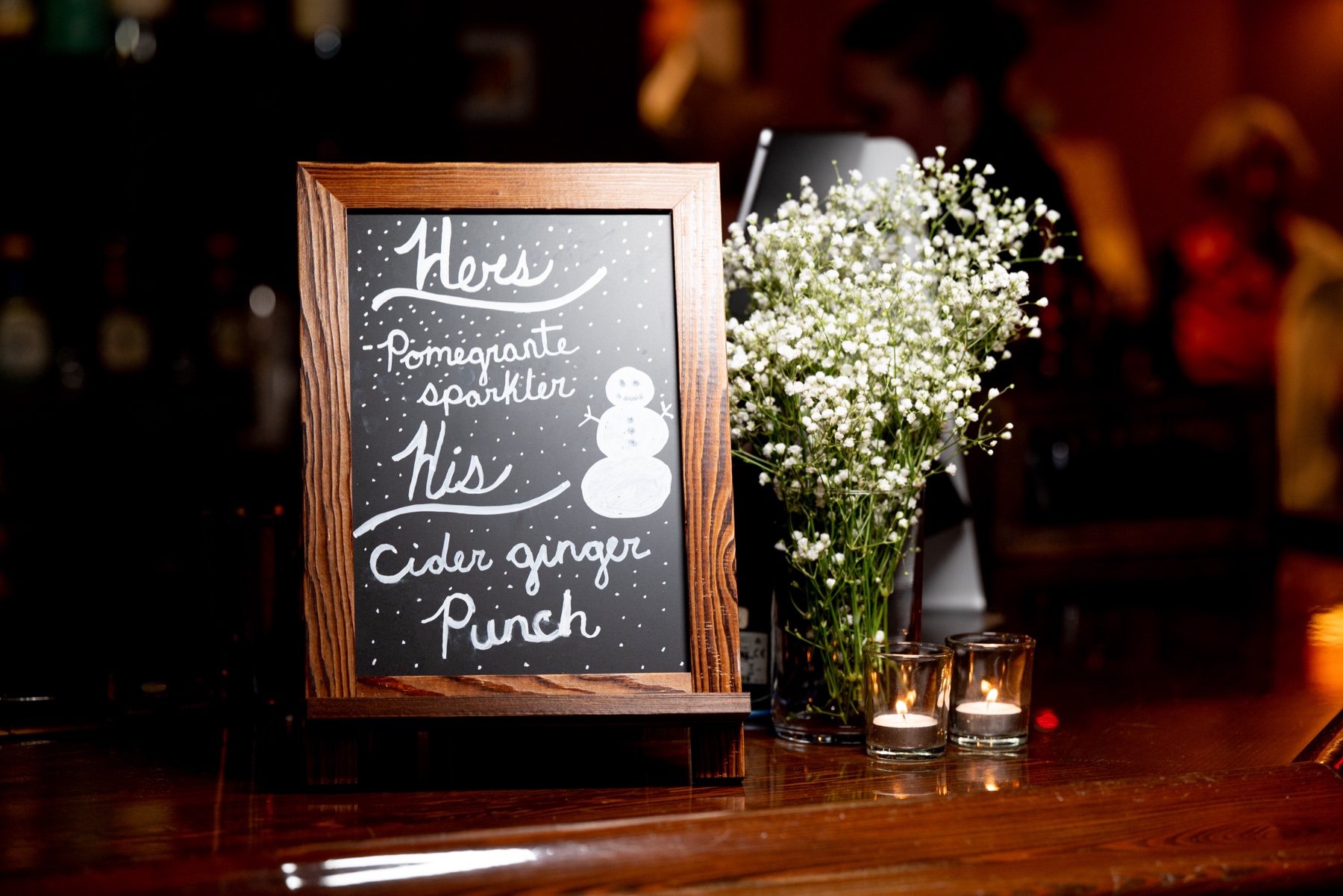 Winter Wonderland Wedding decor with chalkboard sign